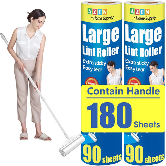 AZEN Large Lint Rollers for Pet Hair, Extra Sticky, 9.45 in Rollers for Floor, Carpet, 180 Sheets Giant Refills with 3 Extendable Long Handle Sticky Mop for Carpet, Floor, Couch