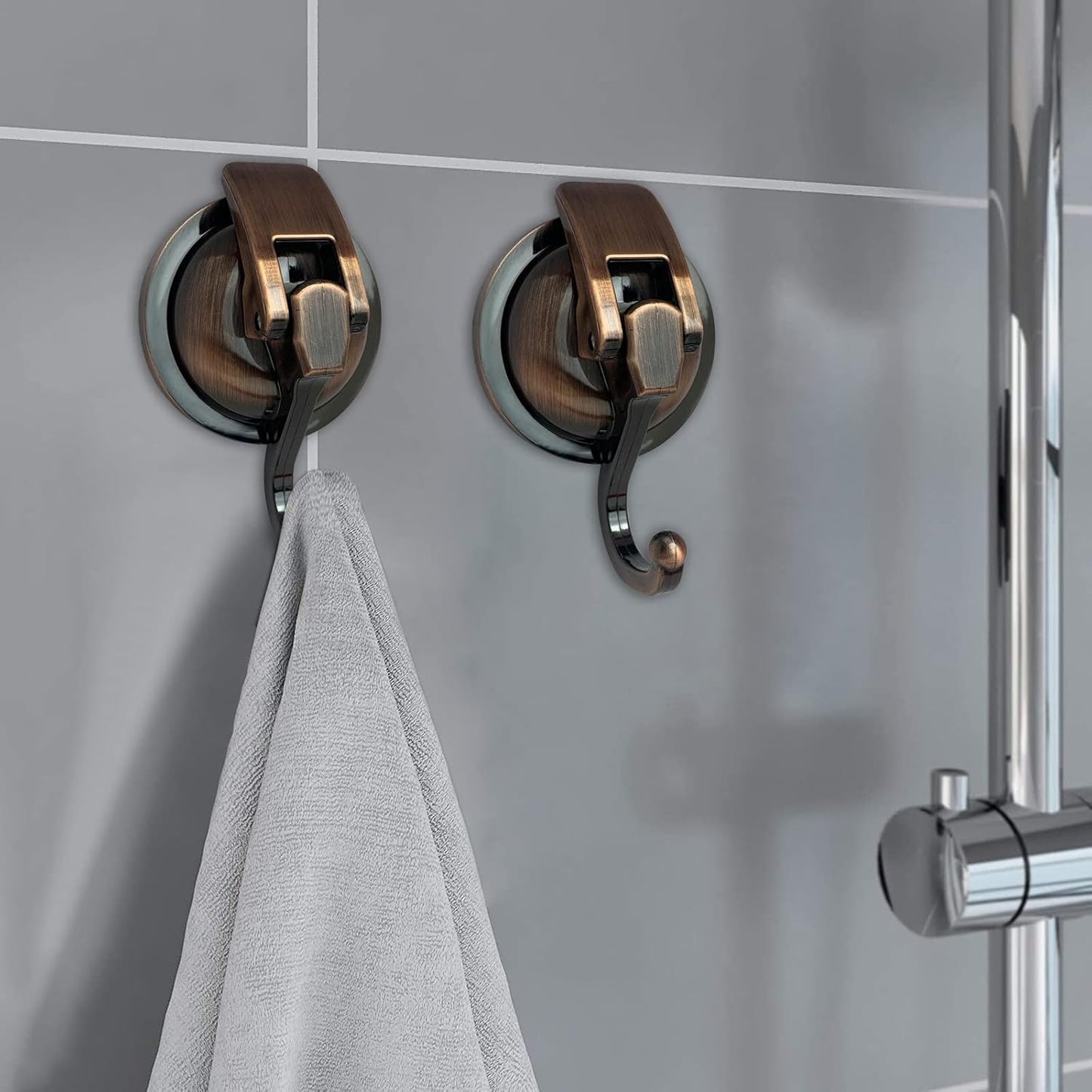 Heavy Duty Vacuum Suction Shower Hooks, Glass Suction Cup, for Bathroom Robe and Garland Decoration (2 Pack, Antique Brass)