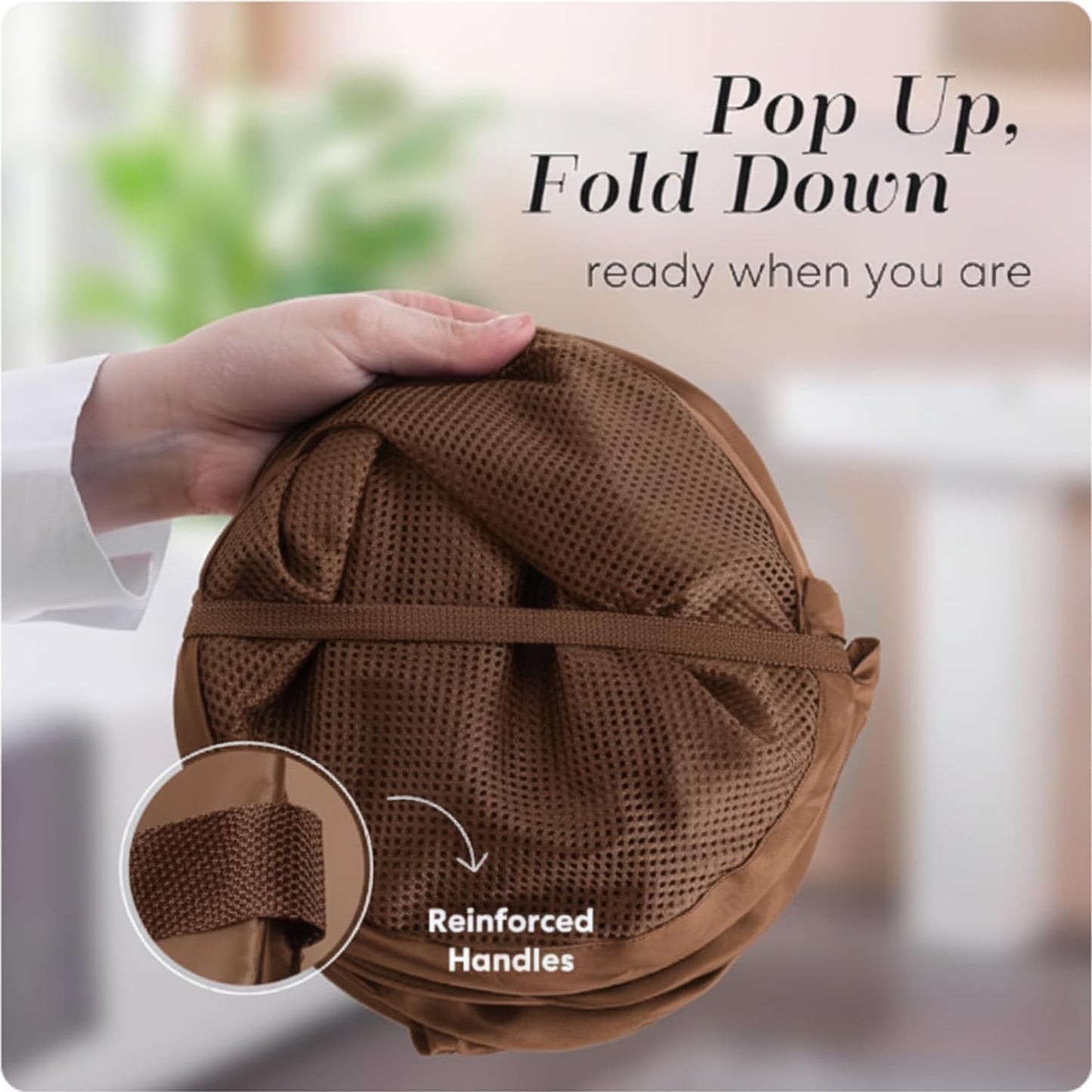 Handy Laundry Collapsible Mesh Pop Up Hamper with Wide Opening and Side Pocket - Breathable, Sturdy, Foldable, and Space-Saving Design for Clothes and Storage (Brown)
