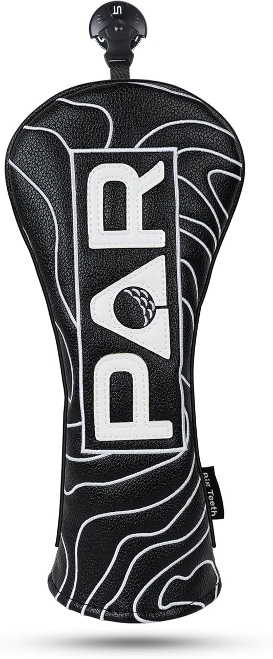 Big Teeth Golf Club Covers Full Set Driver Headcover Fairway Wood Hybrid Golf Club Iron Head Covers, Topographic Edition Putter Cover Leather Golf Head Covers Pure Black, Gifts for Men