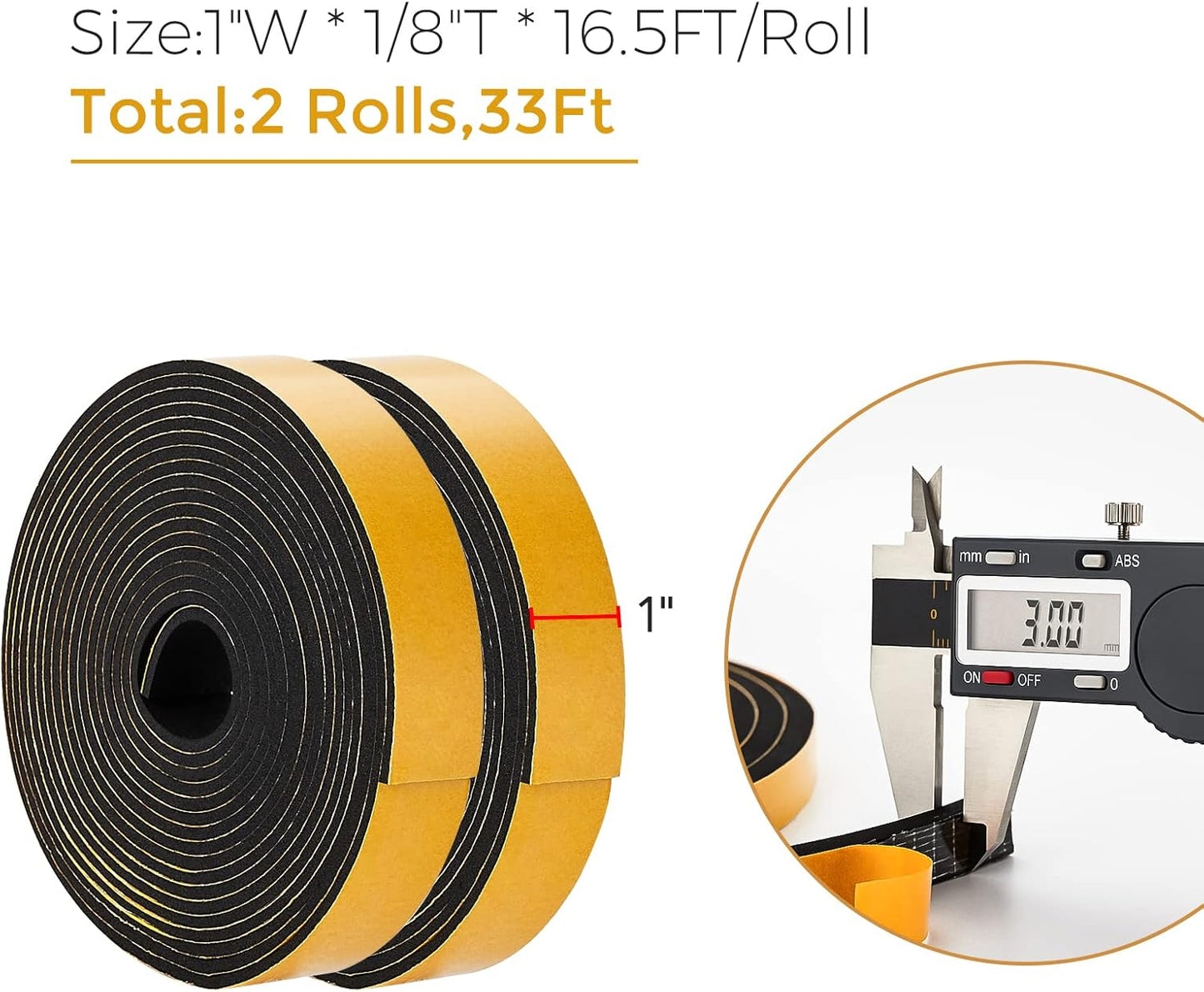 33 Feet Weather Stripping Door Seal, 1" Wide X 1/8" Thick Door Seal Strip High Density Foam Tape Adhesive Strip for Door Soundproofing,Window Insulation (1" x 1/8" x 33FT,Black)
