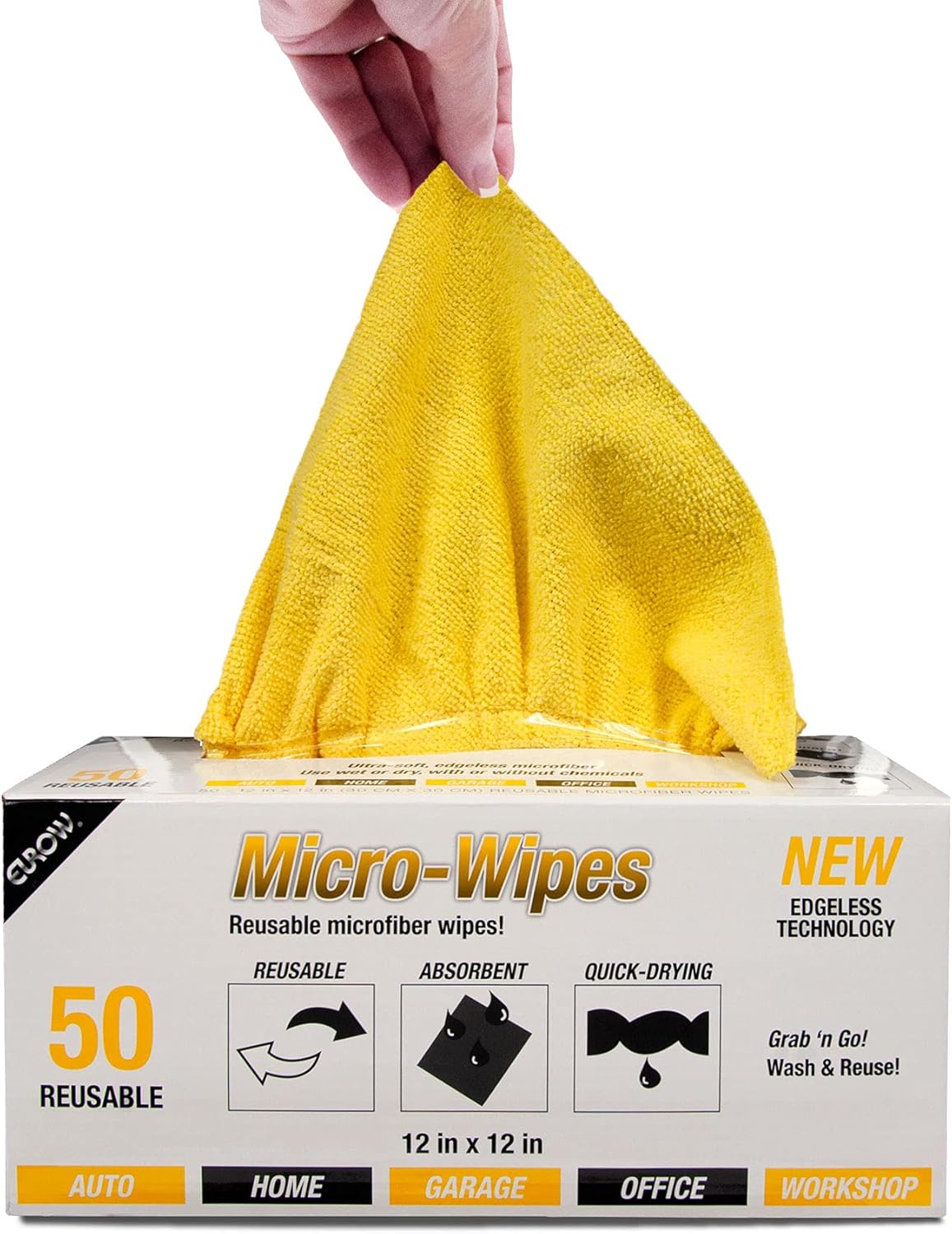 Eurow 200GSM Microfiber Cleaning and Drying Cloths with Dispenser Box, Reusable, Streak-Free, Scratch-Free, Ultra Absorbent, Edgeless for All Surface Types, 12x12in, 50-Pack, Yellow