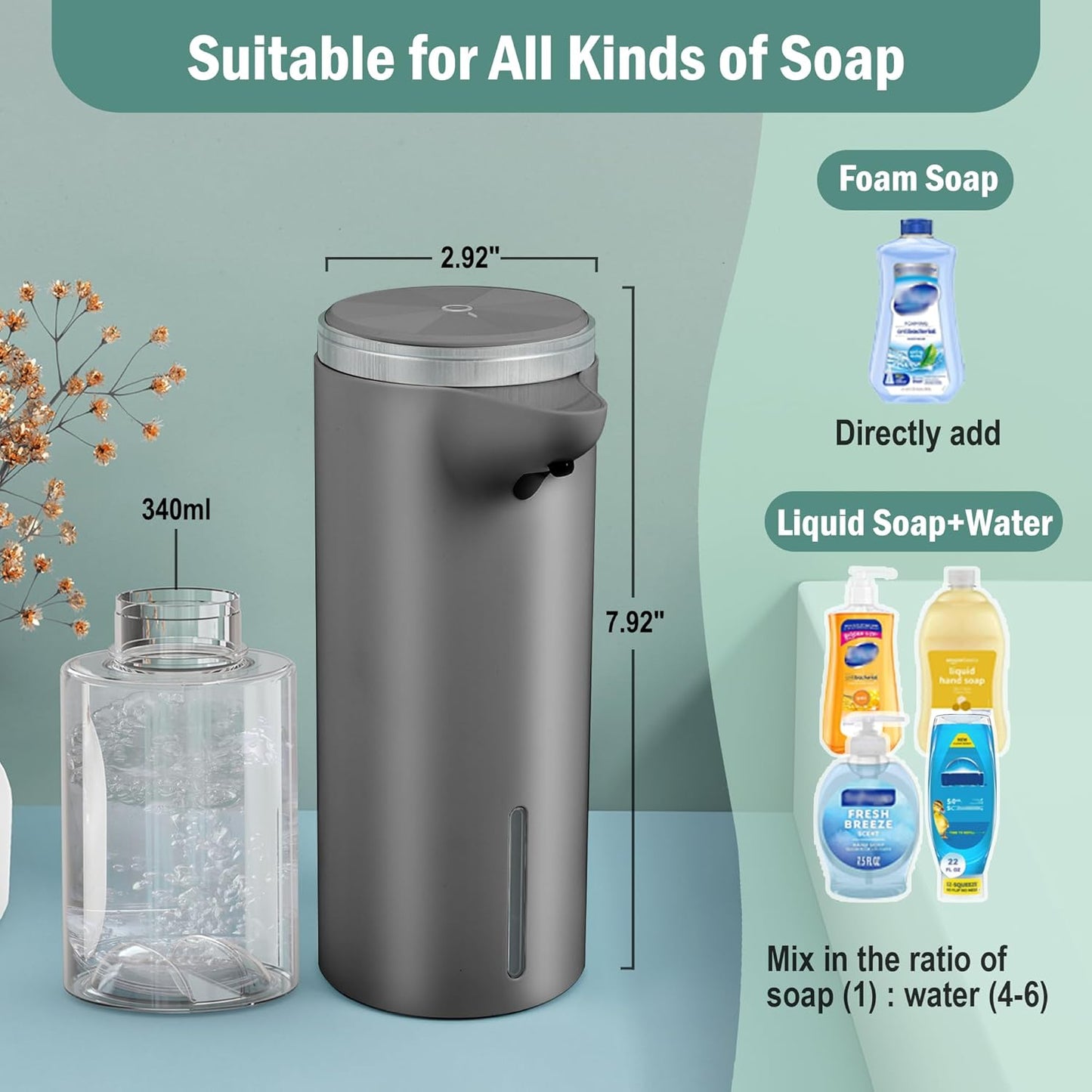 Automatic Foaming Soap Dispenser Touchless(Upgrade Auto & Manual Modes) - IPX7 Waterproof - Adjustable Foam Volume -1500mAh USB Rechargeable Hand Soap Dispenser