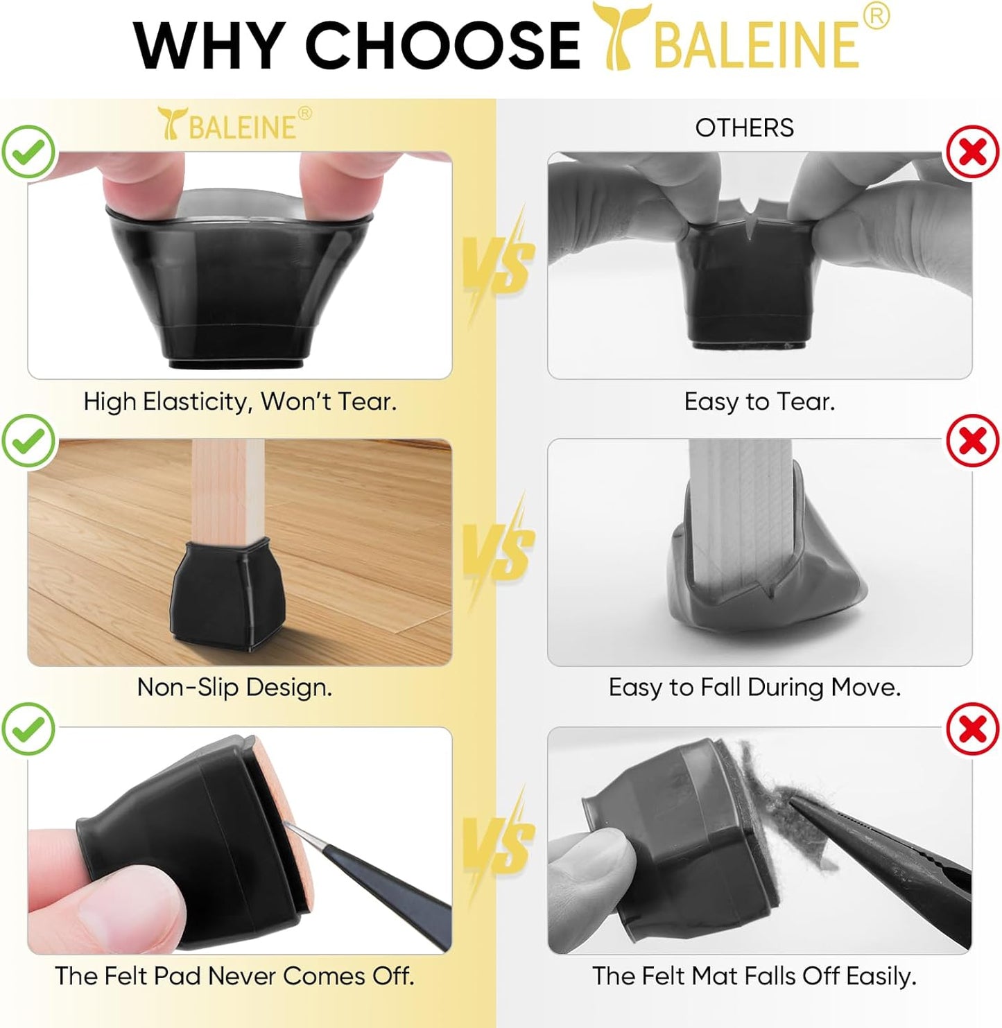 BALEINE 24 Pack Silicone Chair Leg Floor Protectors, Stool Leg Protectors Cap, Non-Slip Chair Leg Caps for Hardwood Floors (Black & Small (Square), 24 Pack)