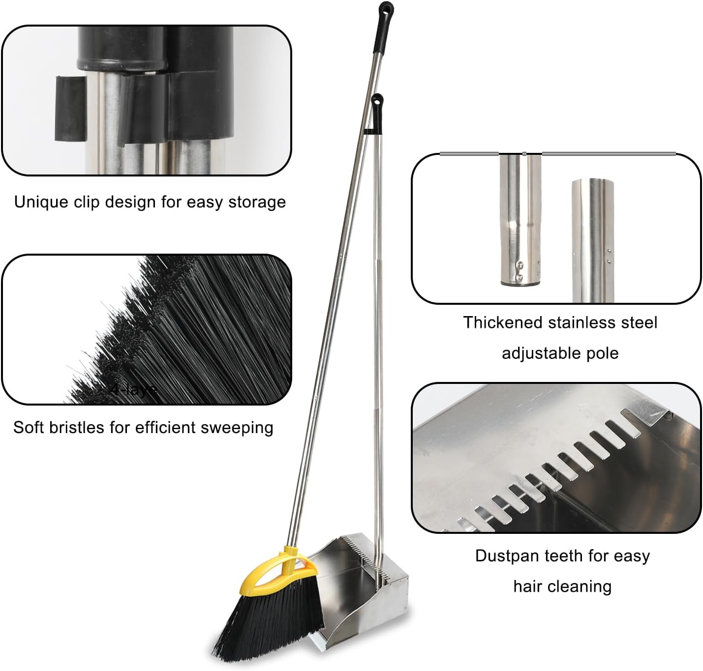 Broom and Stainless Steel Dustpan Set for Home,Metal Dust Pan and Soft Bristles Indoor Kitchen Broom for Office,Lobby