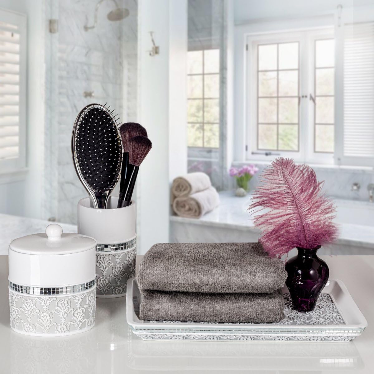 Creative Scents Mirror Damask Qtip Holder - Decorative Qtip Holder Canister Jar, Durable Cotton Swab Ball Holder/Container - Bathroom Vanity Accessories (Gray & White)