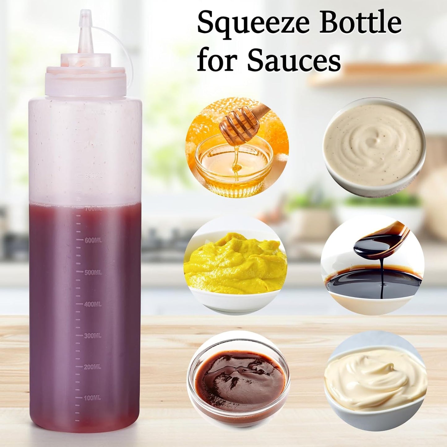 Condiment Squeeze Bottles Ketchup Dispenser, 6 Pack 32oz Squeeze Bottles for Liquids, Plastic Sauce Bottle with Cap Lid, Squirt Bottles for Sauces Liquids BBQ Dressing Pancake Art