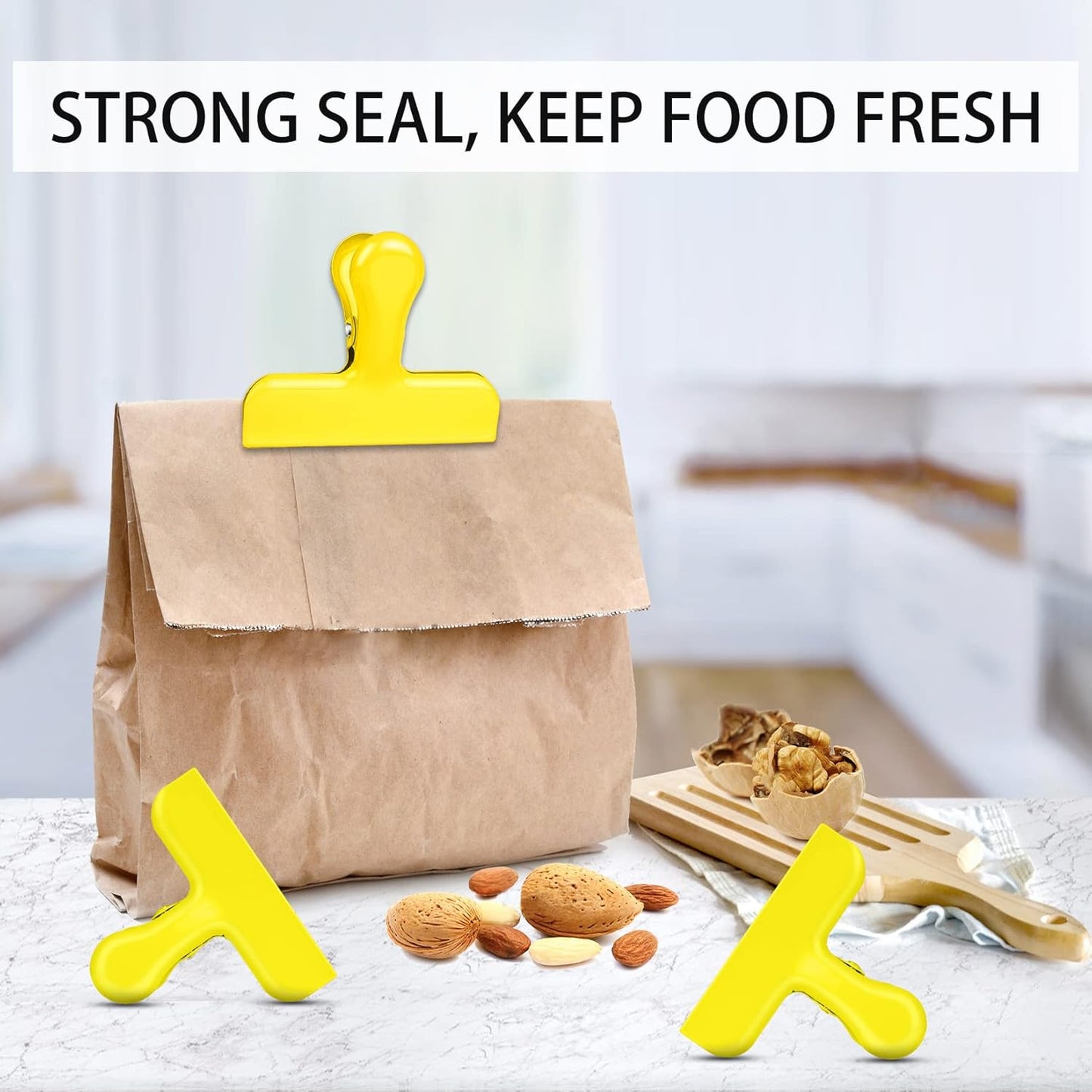 Bag Clips Heavy Duty Stainless Steel Chip Clips, Food Bags Clamp Great for Kitchen Office to Seal Coffee Bags, Paper Sheets - Pack of 8（Yellow）