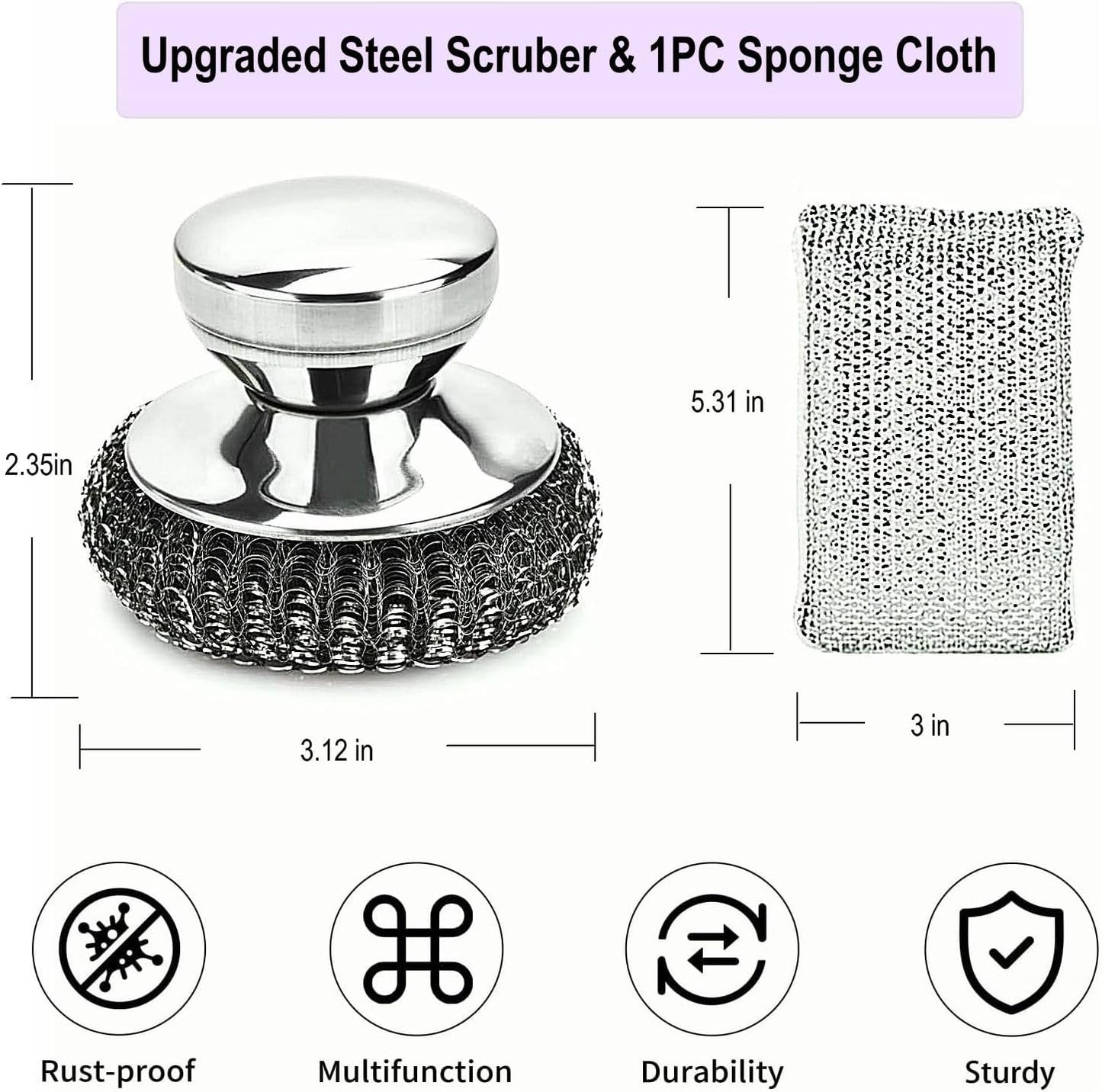Stainless Steel Wool Scrubber with Short Handle Steel Scrubber Wool Pads for Cleaning Dishes Metal Scrubber Pot Scrubbers for Iron Pots, Stoves, Barbecue Grills, Wash Sink,Pans,2 Replace Heads
