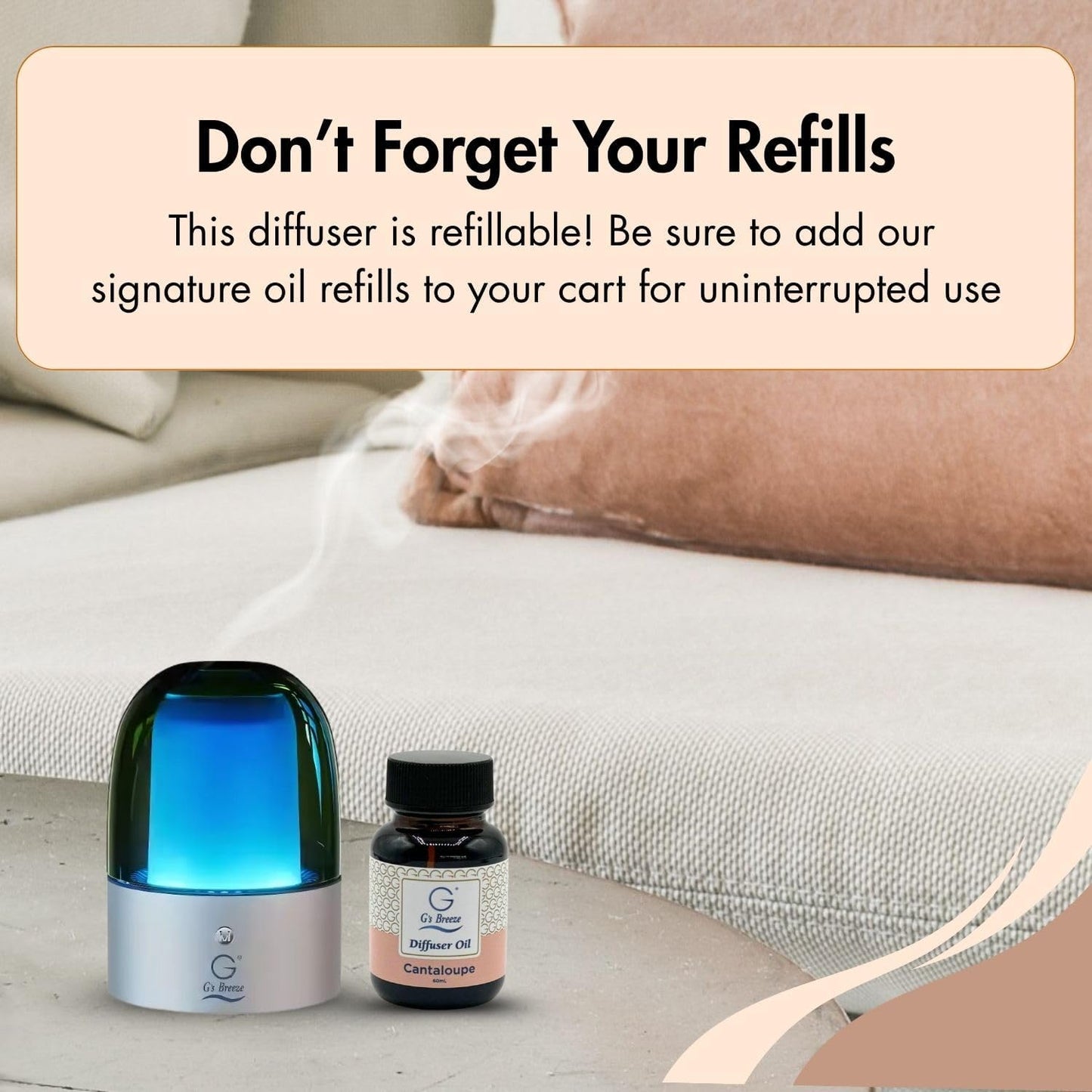 G's Breeze Cantaloupe Diffuser Oil Refill - Sweet, Refreshing & Juicy Scent of Ripe Cantaloupe - Uplifting Aroma, Fruity Spray for Home or Office - Energizing & Long-Lasting Fragrance - 60 ML