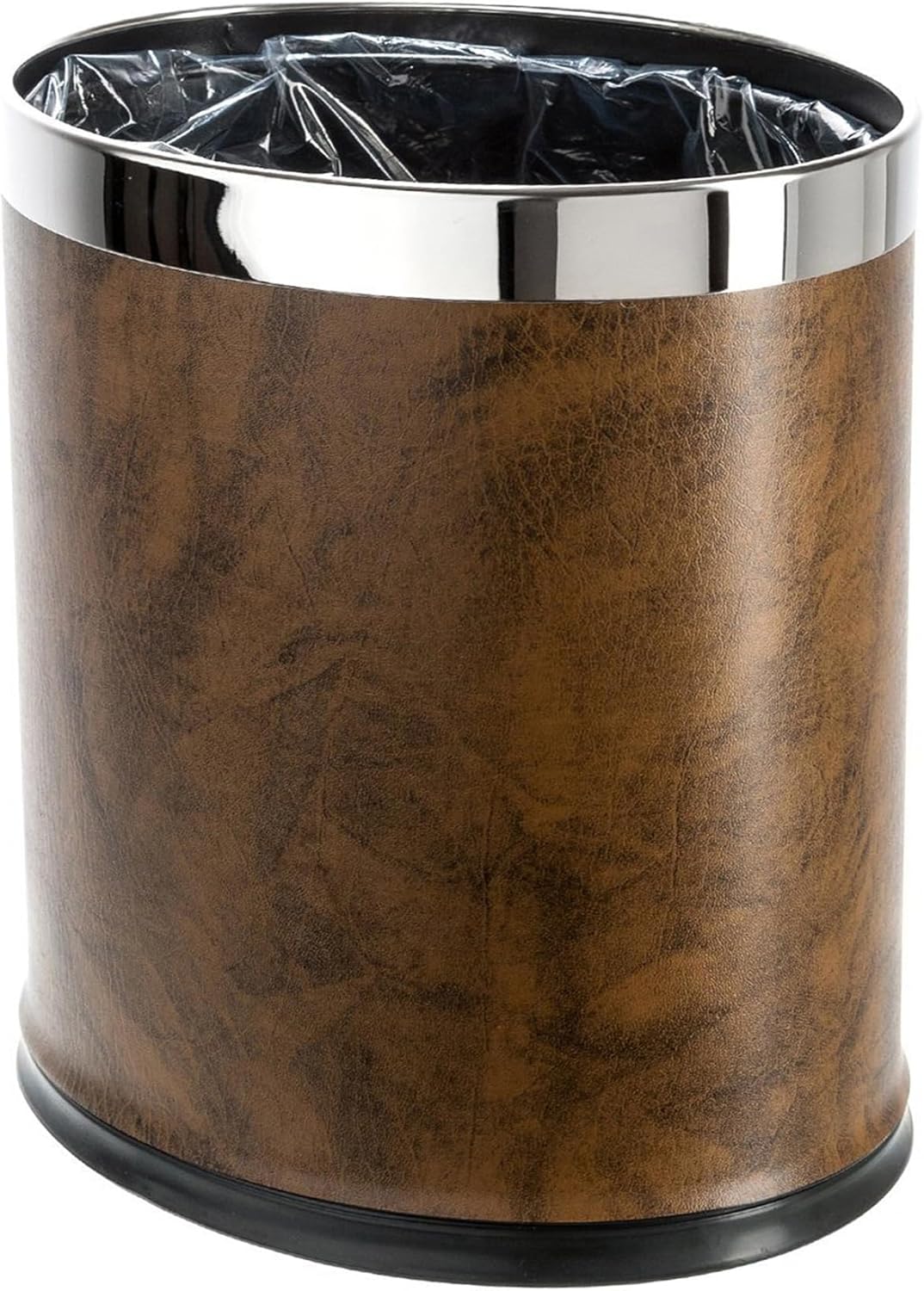 'Invisi-Overlap' Open Top Leatherette Trash Can, Small Office Wastebasket, Modern Home Décor, Oval Shape (Brown)