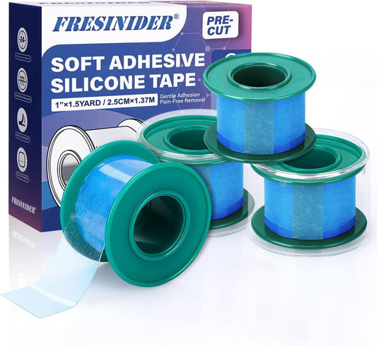 FRESINIDER Silicone Medical Tape – 1" x 1.5 Yard Blue 4 Rolls, Pre-Cut, Waterproof & Repositionable, Pain-Free Removal, Hypoallergenic Adhesive for Sensitive Skin, Wound Care & First Aid Use
