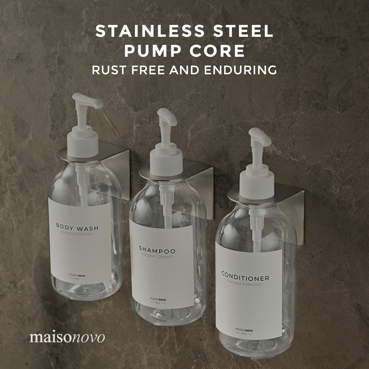MaisoNovo Shampoo and Conditioner Dispenser - Shower Soap Dispenser Wall Mounted - 16.9 fl oz Set of 3 Clear Plastic Bottles White Pump - Shampoo Dispenser, Shower Dispenser 3 Chamber No Drill