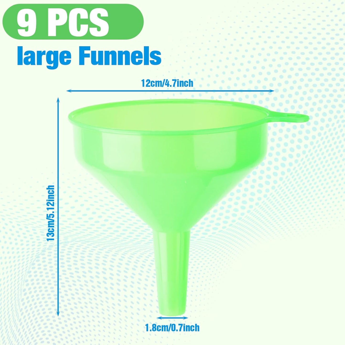 Honeydak 9 Pcs Multi-Purpose Plastic Funnels 4.7 Inch Wide Mouth Funnels for Filling Bottles, Jars, Containers Lab Use Oil Funnel for Gas, Car Oil, Lubricants and Fluids (Pink,Blue,Green)