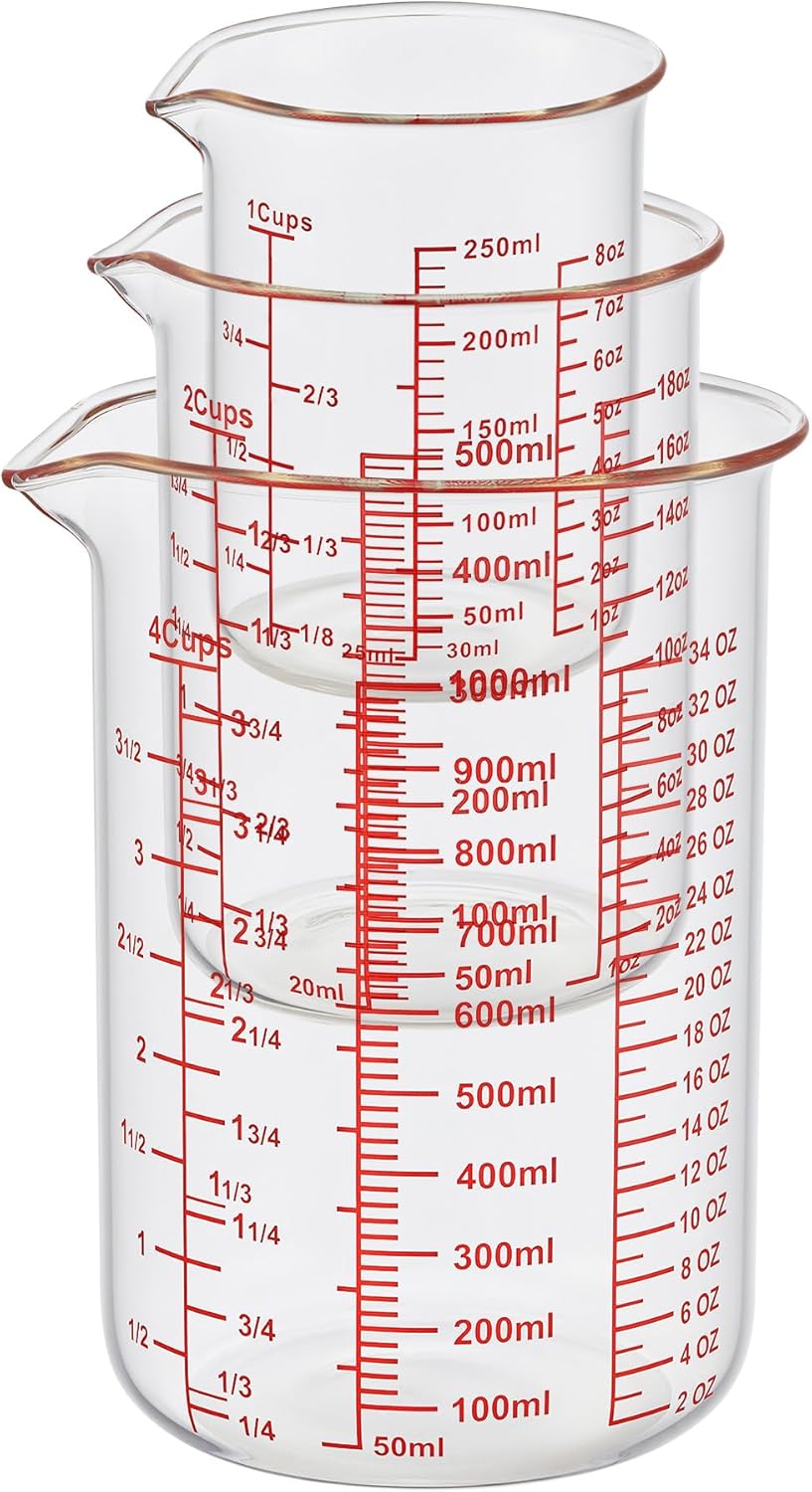 High Borosilicate Glass Measuring Cup Set-V-Shaped Spout，Includes 250ml(8OZ), 500ml(16OZ), and 1000ml(32OZ) Glass Measuring Beaker for Kitchen or Restaurant, Easy to Read