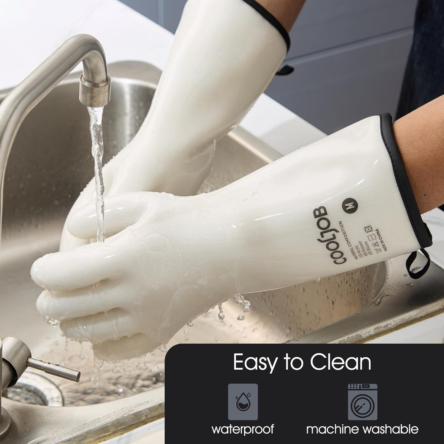 COOLJOB Heat Resistant Oven Gloves, Waterproof Liquid Silicone BBQ Grilling Gloves for Barbecue, Kitchen Cleaning, Baking, Food Contact, White, Large