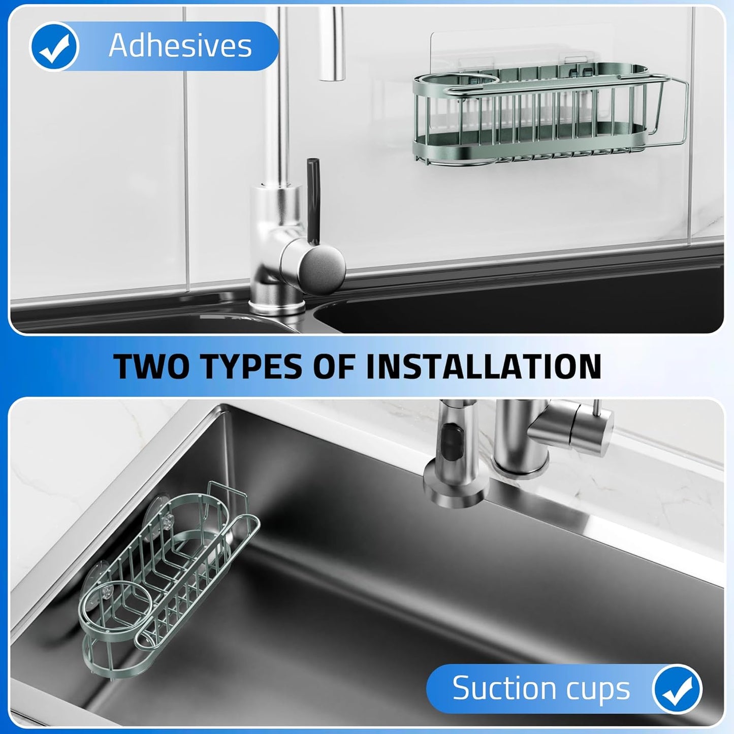 Cisily Sage Green Kitchen Sink Caddy Sponge Holder in the Sink, Stainless Steel Kitchen Organizer, Brush Holder, Dish Cloth Hanger 2 Installation Ways (Suction & Adhesives