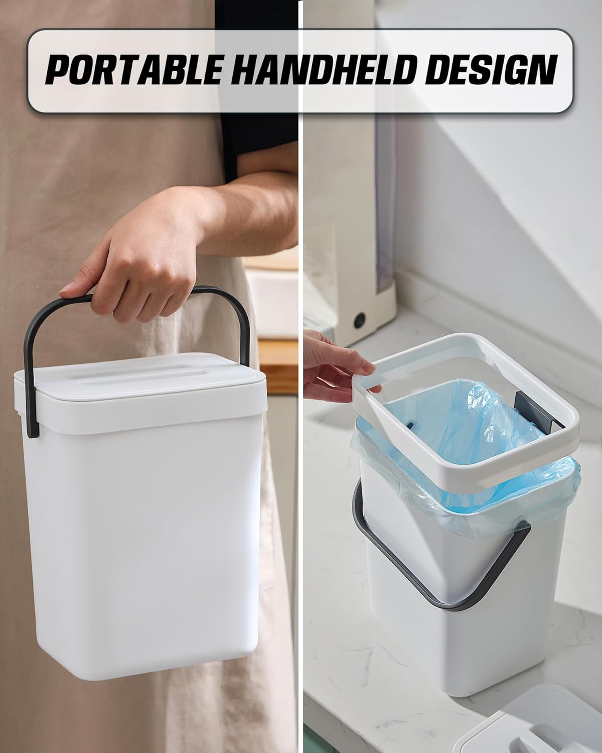 Indoor Compost Bin - 1.3 Gallons Hanging Small Trash Can with Lid for Kitchen Bathroom, Under Sink Kitchen Trash Can, Indoor Counter Compost Bucket with Lid, 5L(White)