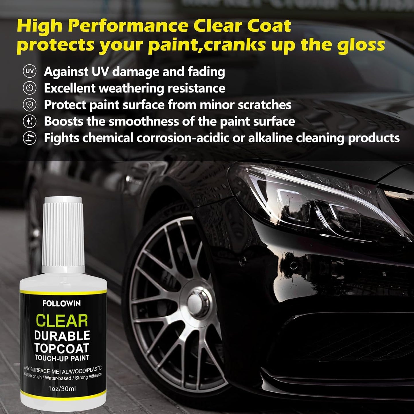 FOLLOWIN Automotive Clear Coat,Gloss Clear Finished Car Touch Up Paint,Use on Exterior & Interior Multi-Surface,Water Based Topcoat for Metal,Wood,Wall 1oz/30ml
