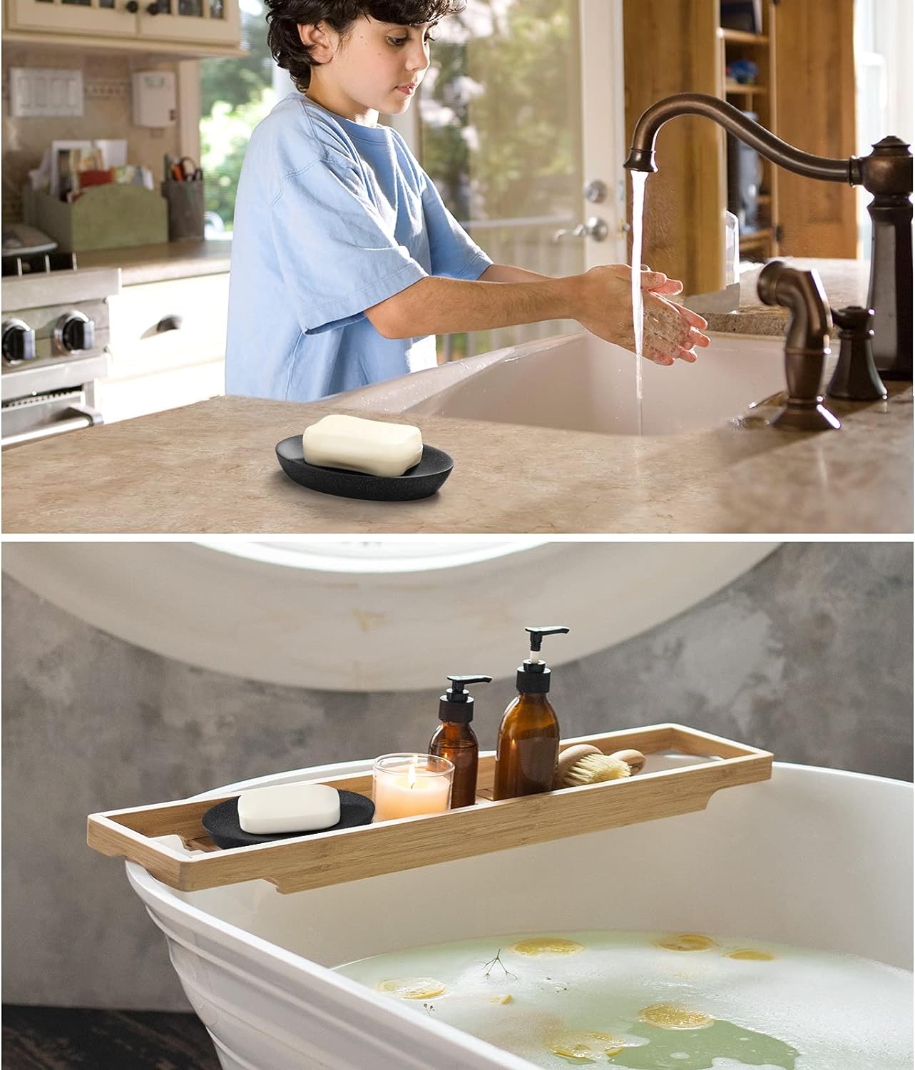 Luxspire Soap Dish, Resin Soap Tray Soap Holder Container Box, Marble Pattern Oval Soap Plate Case, Sponge Dish Scrubbers Tray Holder for Bathroom Vanity Shower Kitchen Sink Counter Top, Gravel Black