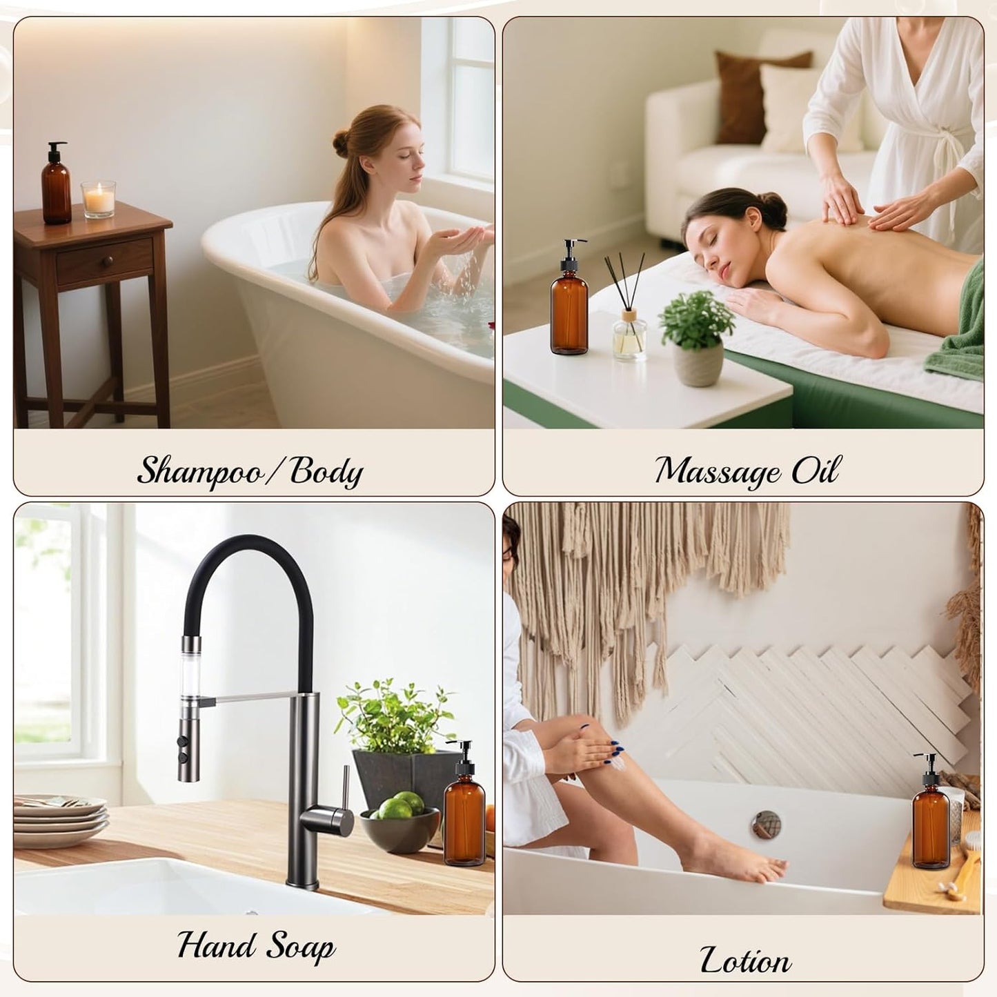 12 Pack Amber Glass Bottles 16oz with Pump Dispensers, Refillable Empty Pump Bottles for Bathroom, Kitchen, Shampoo, Soap, Lotion – Includes 2 Funnels & 12 Labels