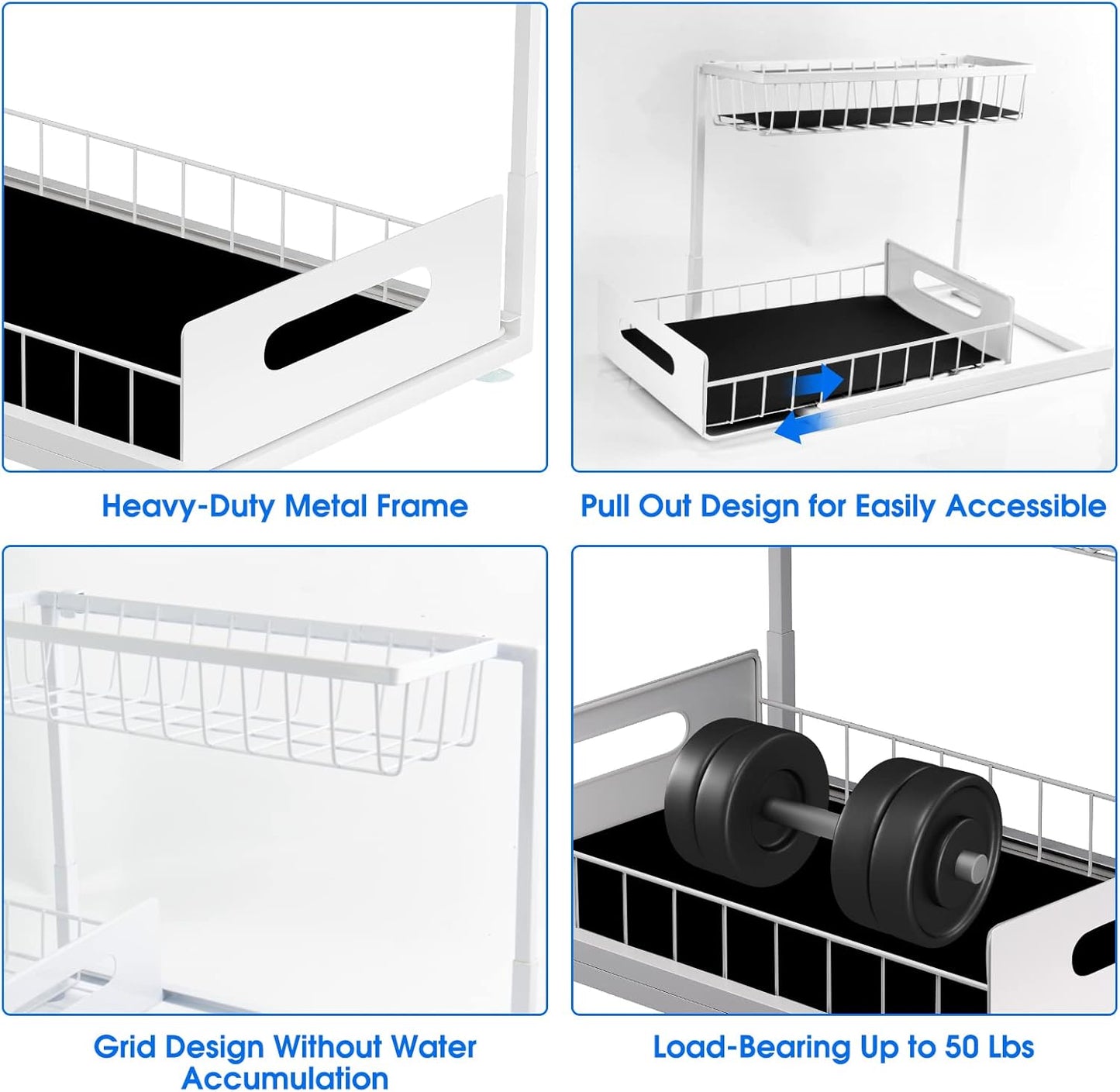 2 Pack Under Sink Organizer, 2 Tier Under Sink Organizers and Storage Multi-Purpose Under Sink Storage for Bathroom Kitchen (White)