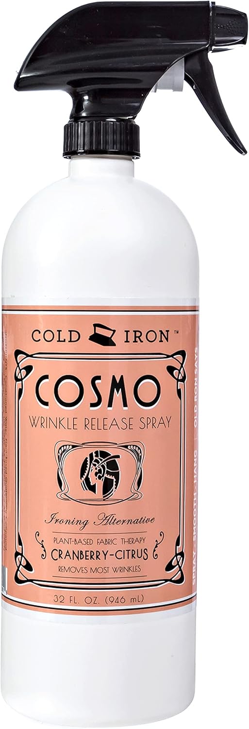 Cold Iron Wrinkle Release Spray 32 fl oz. Cranberry-Citrus. Plant Based Ironing Alternative. Fast, Easy to Use. Spray, Smooth, Hang. Award Winning Formula to Save You Time