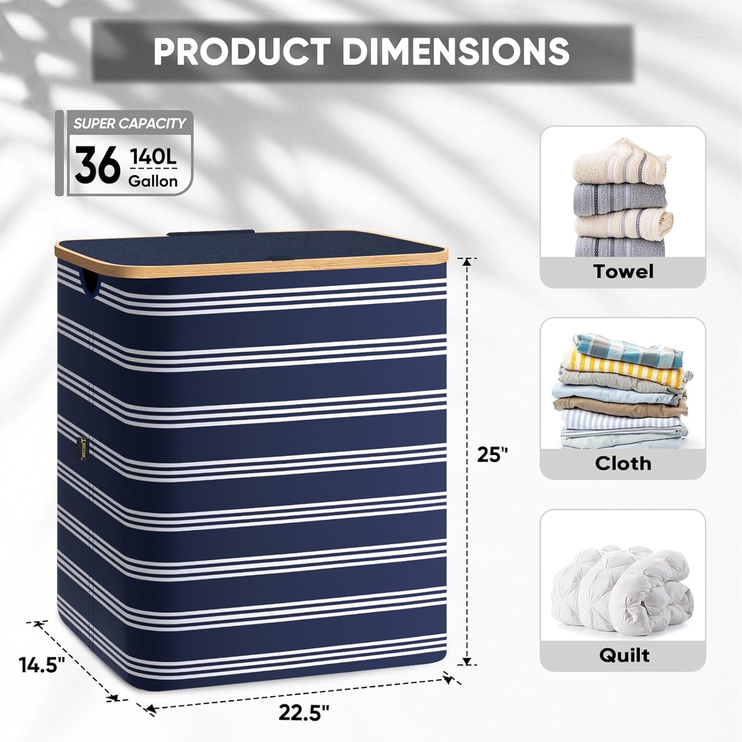 BALEINE Laundry Hamper with Lid, Tall Laundry Baskets with Bamboo Pull Handles, Large Laundry Bin with Internal Support (36 Gal/140L, Blue Pinstripe)