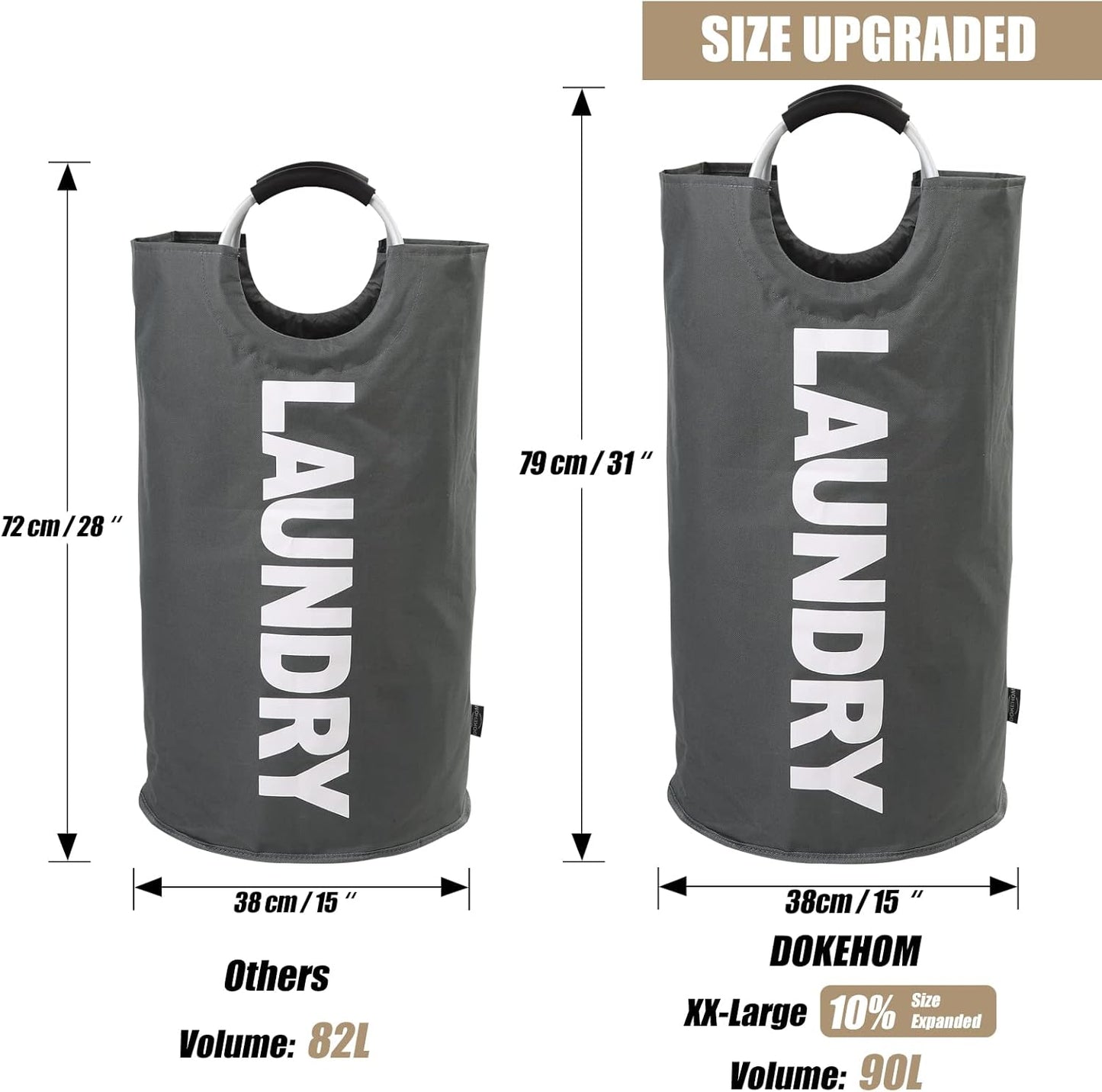 DOKEHOM 90L Large Laundry Basket, Collapsible Laundry Bag, Freestanding Tall Clothes Hamper, Foldable Washing Bin (Dark Grey)