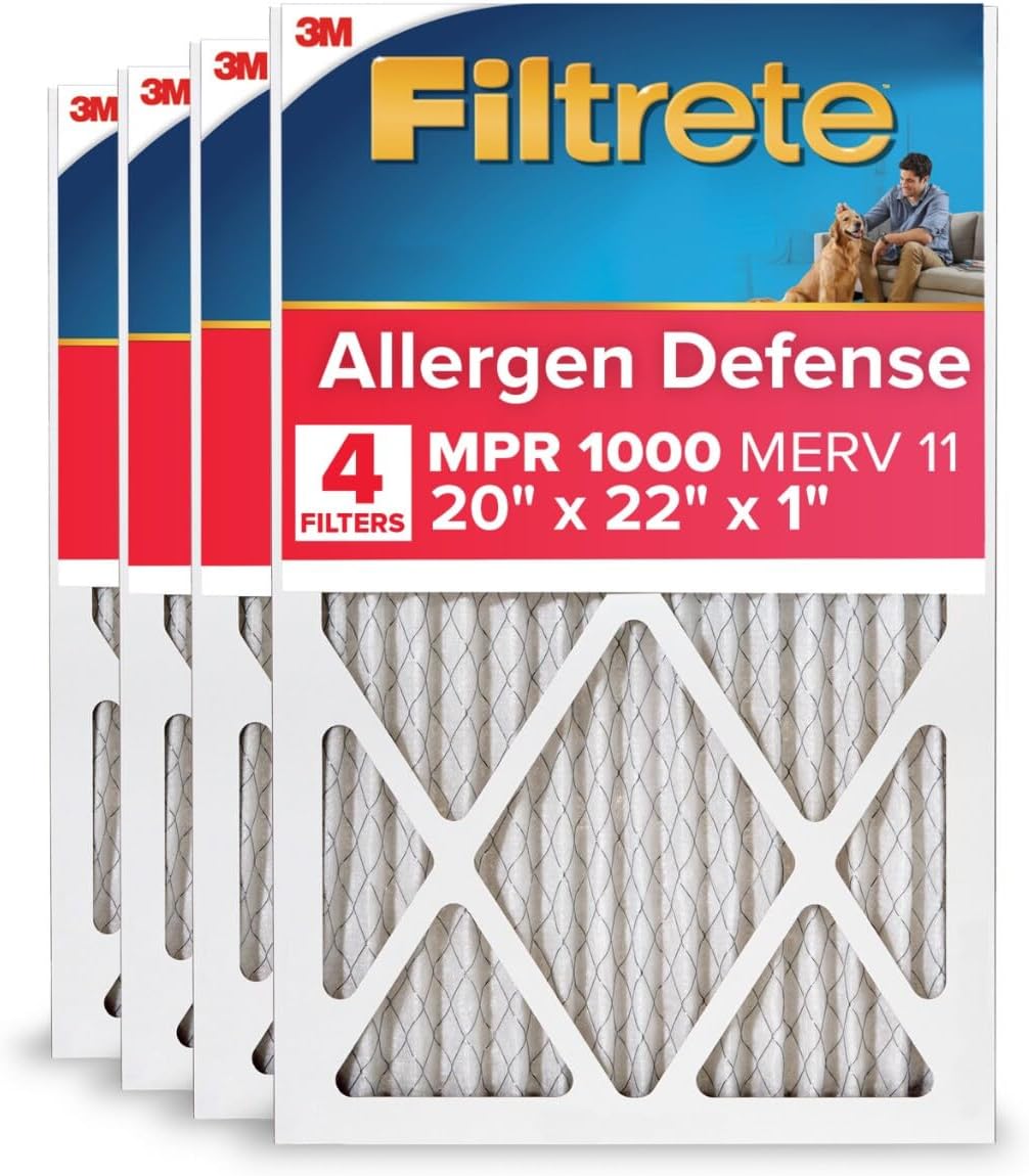 Filtrete 20x22x1 AC Furnace Air Filter, MERV 11, MPR 1000, Micro Allergen Defense, 3-Month Pleated 1-Inch Electrostatic Air Cleaning Filter, 4 Pack (Actual Size 19.81 x 21.81 x 0.81 in)