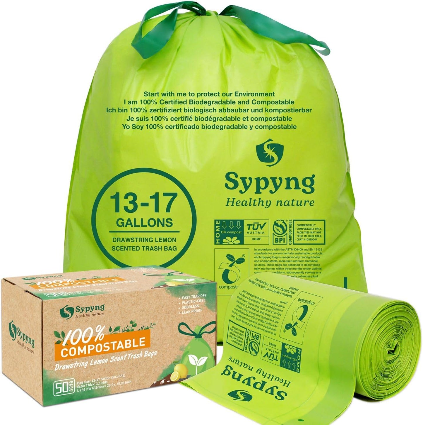13-17 Gallon Compostable Trash Bags (50-Pack) Heavy-Duty & Durable, 1.1 Mil Thick | 100% Biodegradable for Large Bins | Certified ASTM D6400, BPI & OK Compost HOME, Eco-Friendly & Recyclable