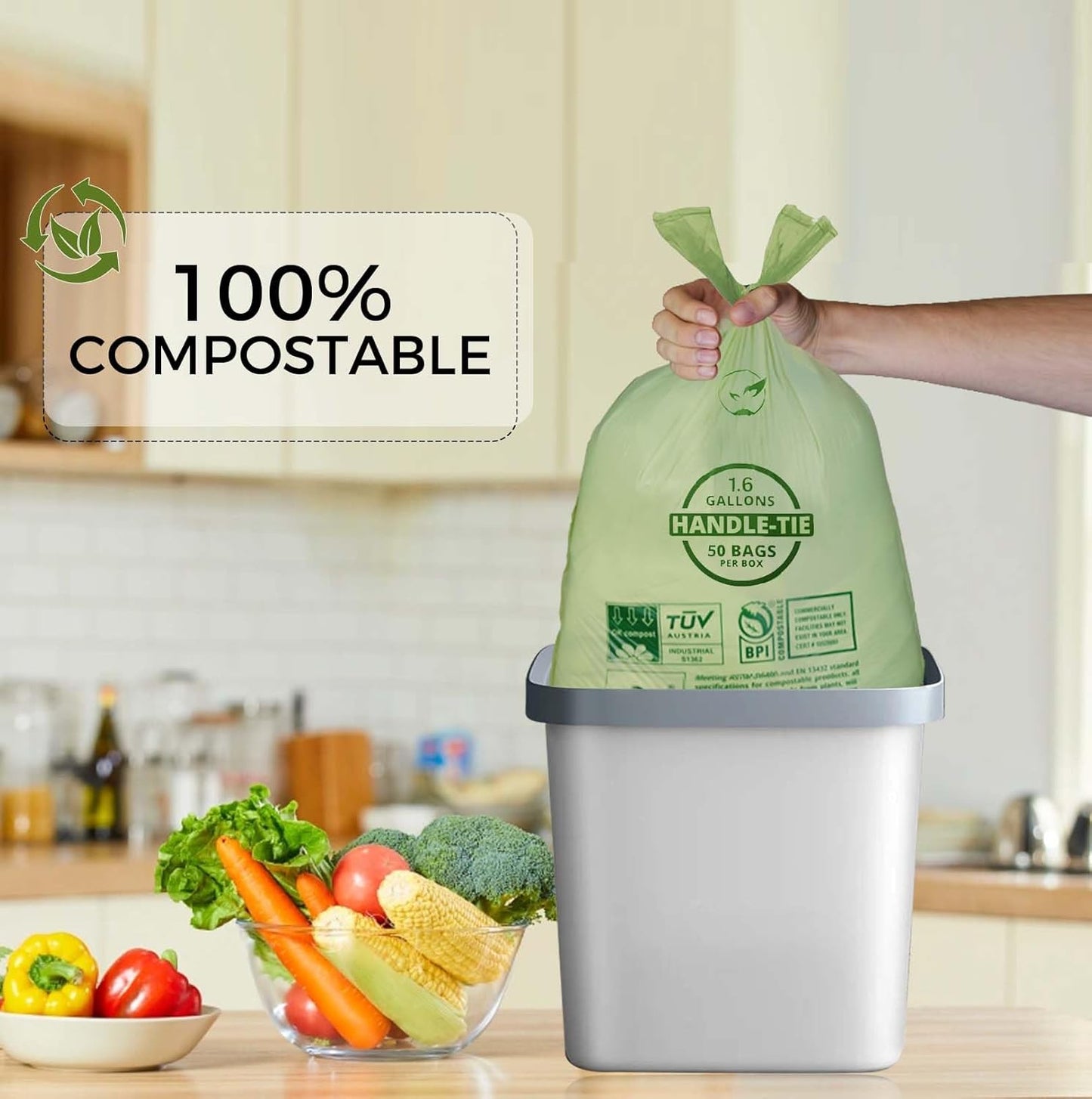 1.6 Gallon Compostable Trash Bags Drawstring, Heavy Duty Extra Thick 0.6 Mil, 6.06 Liter, 50 Bags, Small Kitchen Food Scrap Waste Bag, Unscented Pet Waste Bags, US BPI and OK Compost Home Certified