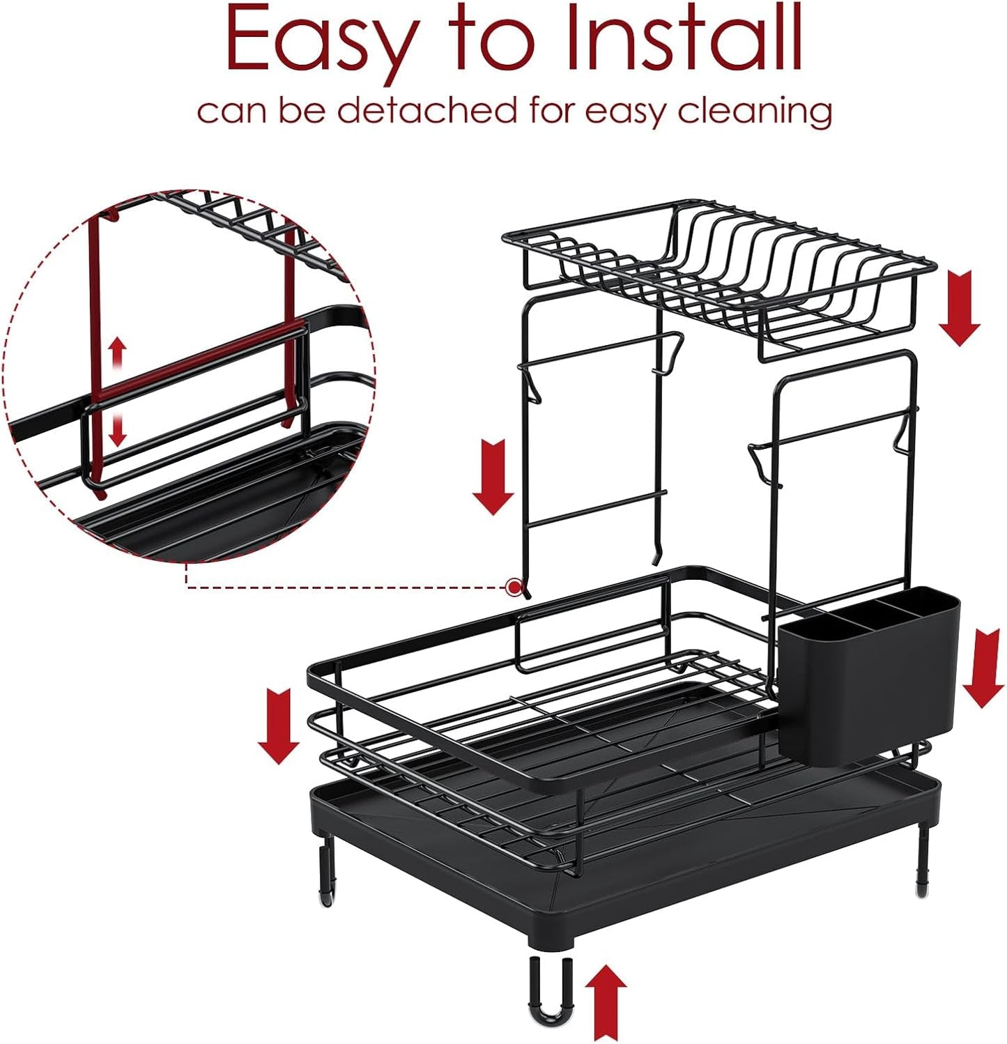 Dish Drying Rack - X-Large Stainless Steel Dish Rack for Kitchen Counter, 2-Tier Kitchen Organizers and Storage for Dishes, Bowls, Cutlery, Black