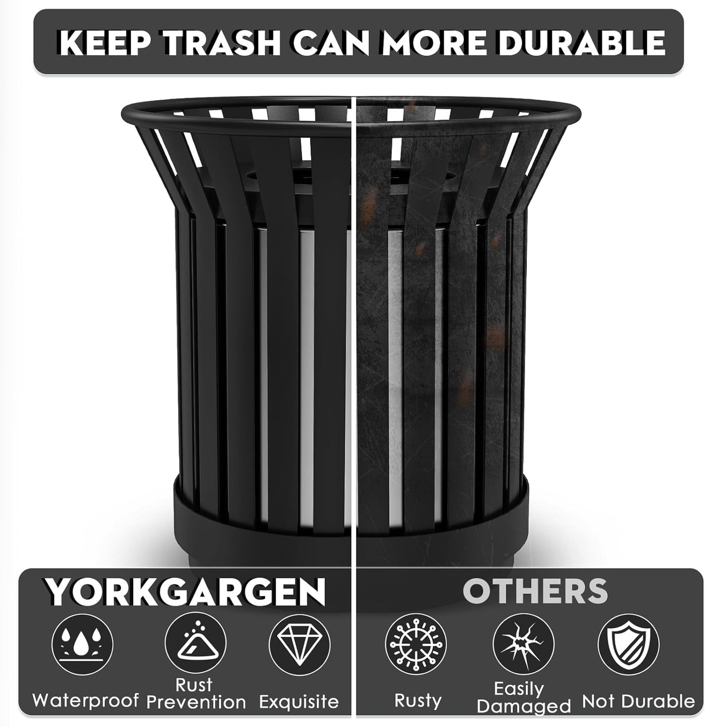 8Gallon/30L Commercial Outdoor & Indoor Metal Trash Can, Outdoor Slatted Trash Receptacle with Metal Linner, All Weather Resistant Large Outside Zone Round Garbage Bin for Street, Park, School - Black