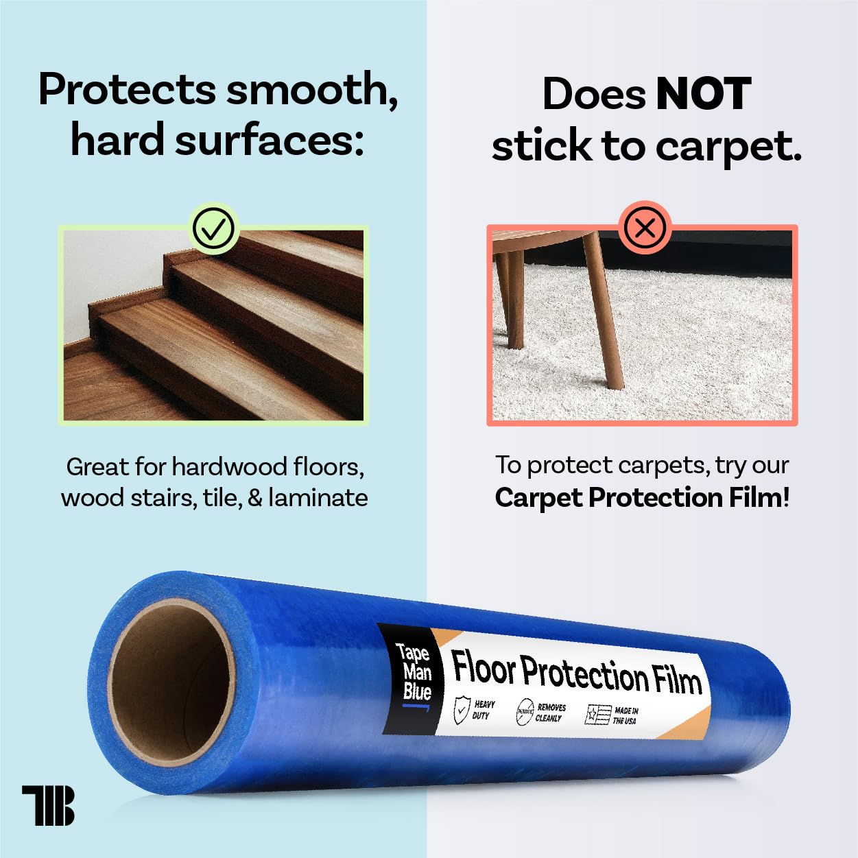 Floor Protection Film, 48" x 200', Made in USA, Blue Self Adhesive Floor Protector Tape for Moving, Painting and Construction, Temporary Covering to Shield Hardwood, Tile, Hard Surfaces