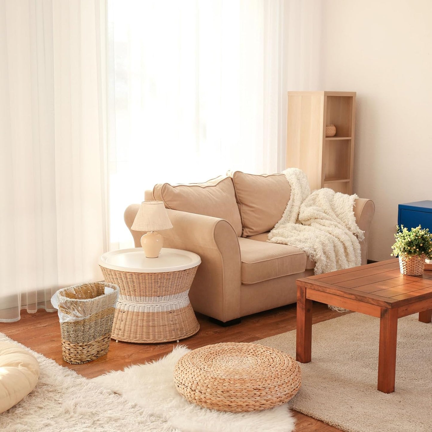 2 Pcs Wicker Trash Can with 50 Small Trash Bag Wicker Waste Woven Basket with Handles Clear Multi Use Garbage Bags for Bathroom Kitchen Bedroom(Various Materials,Classic Style)