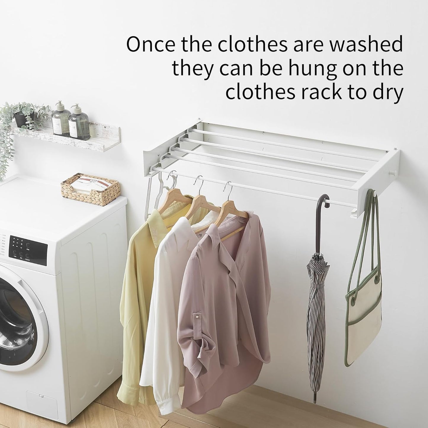 Clothes Drying Rack,Laundry Hanging Rack Collapsible,Wall Mounted Drying Rack for Laundry,Foldable Drying Rack Indoor Outdoor,31.5" Wide,5 Aluminum Rods with Hooks, 60 lb Capacity (White 31.5" Hooks)