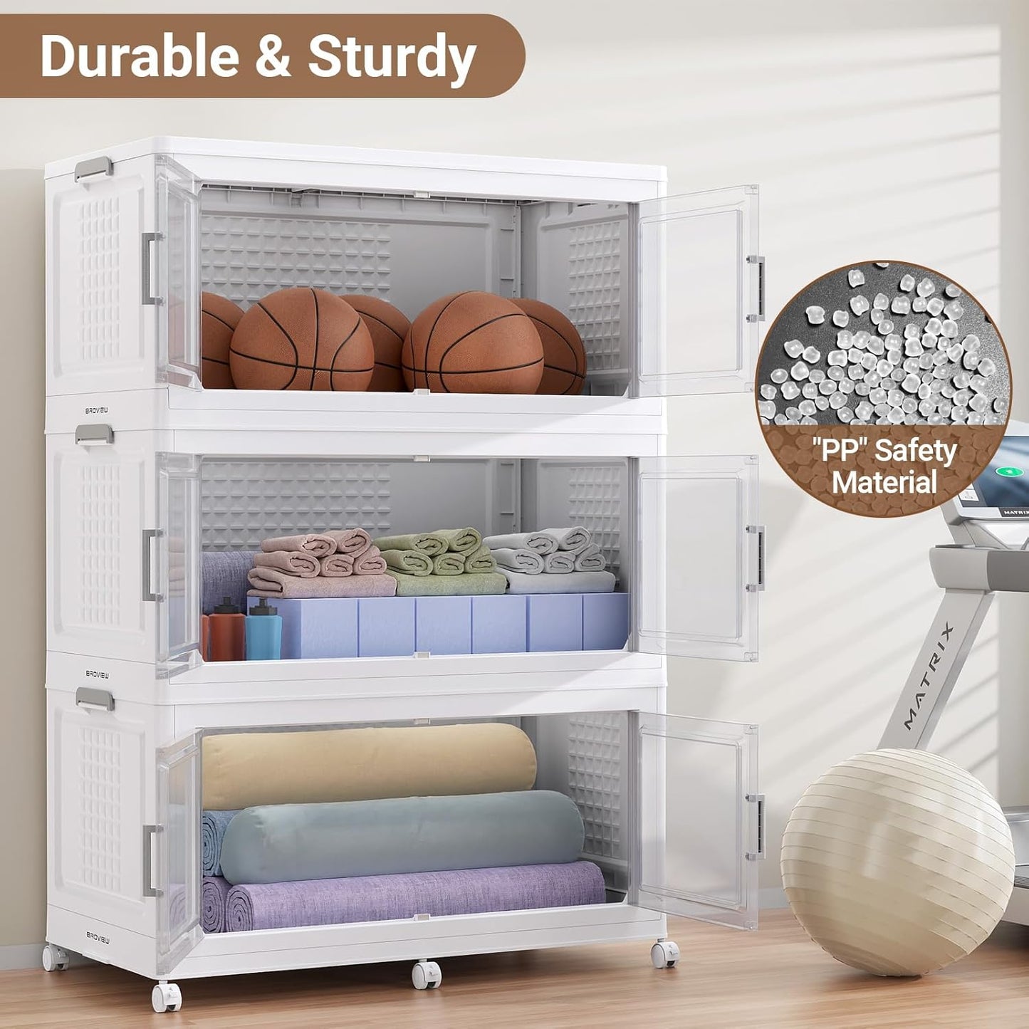 BROVIEW 52.7"H 150Gal Plastic Storage Bins with Lid & Wheels,3Pack Extra Large Stackable Storage Bins with Dividers,Closet Organizers and Storage Cabinet Collapsible Box Shelves for Home Kitchen,White