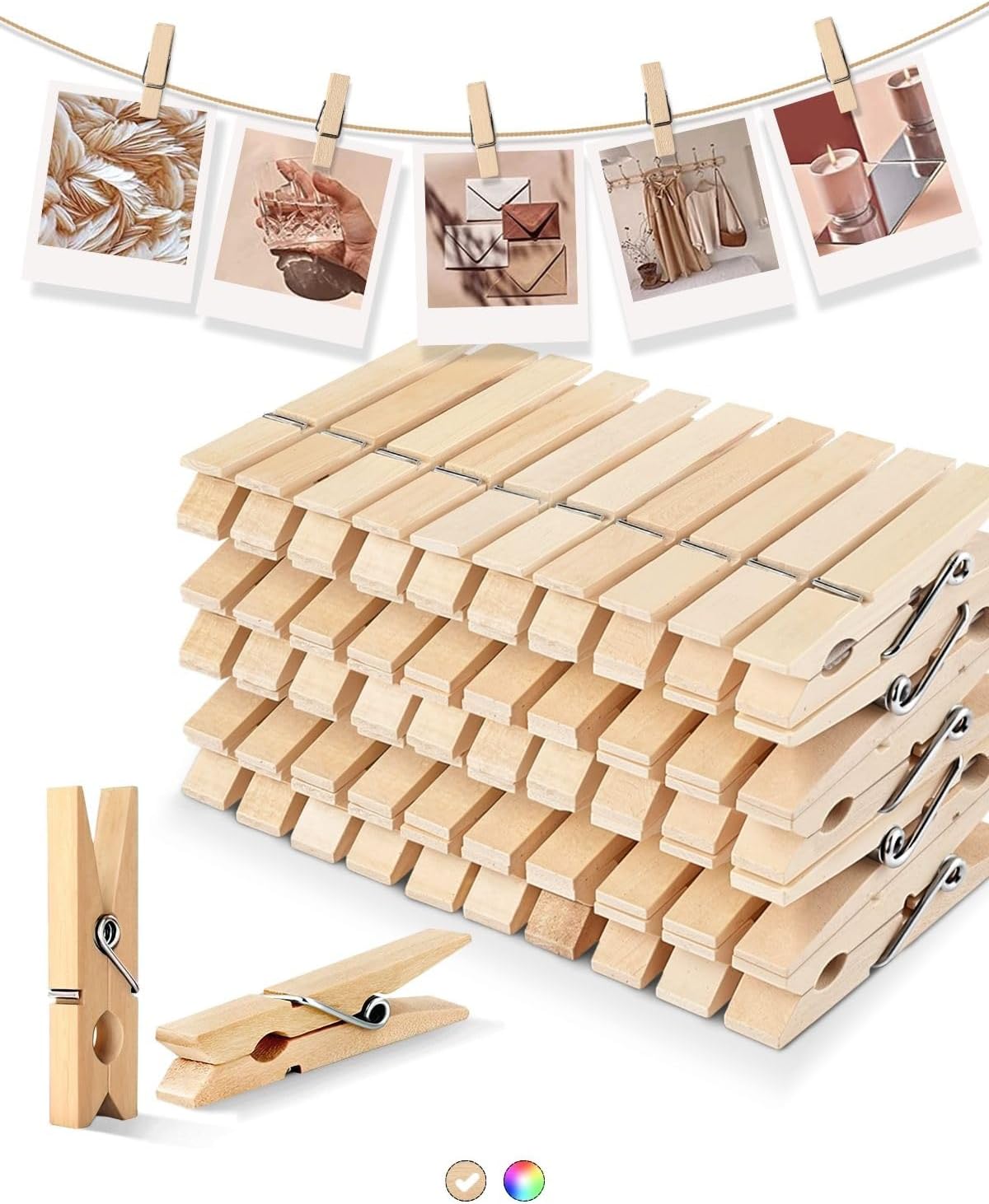 Clothes Pins Wooden Clothespins for Photo 1.77 Inch 50 PCS, Small Wood Clips Close Pin for Classroom Crafts Project Decorations Hanging Pegs 1 3/4"