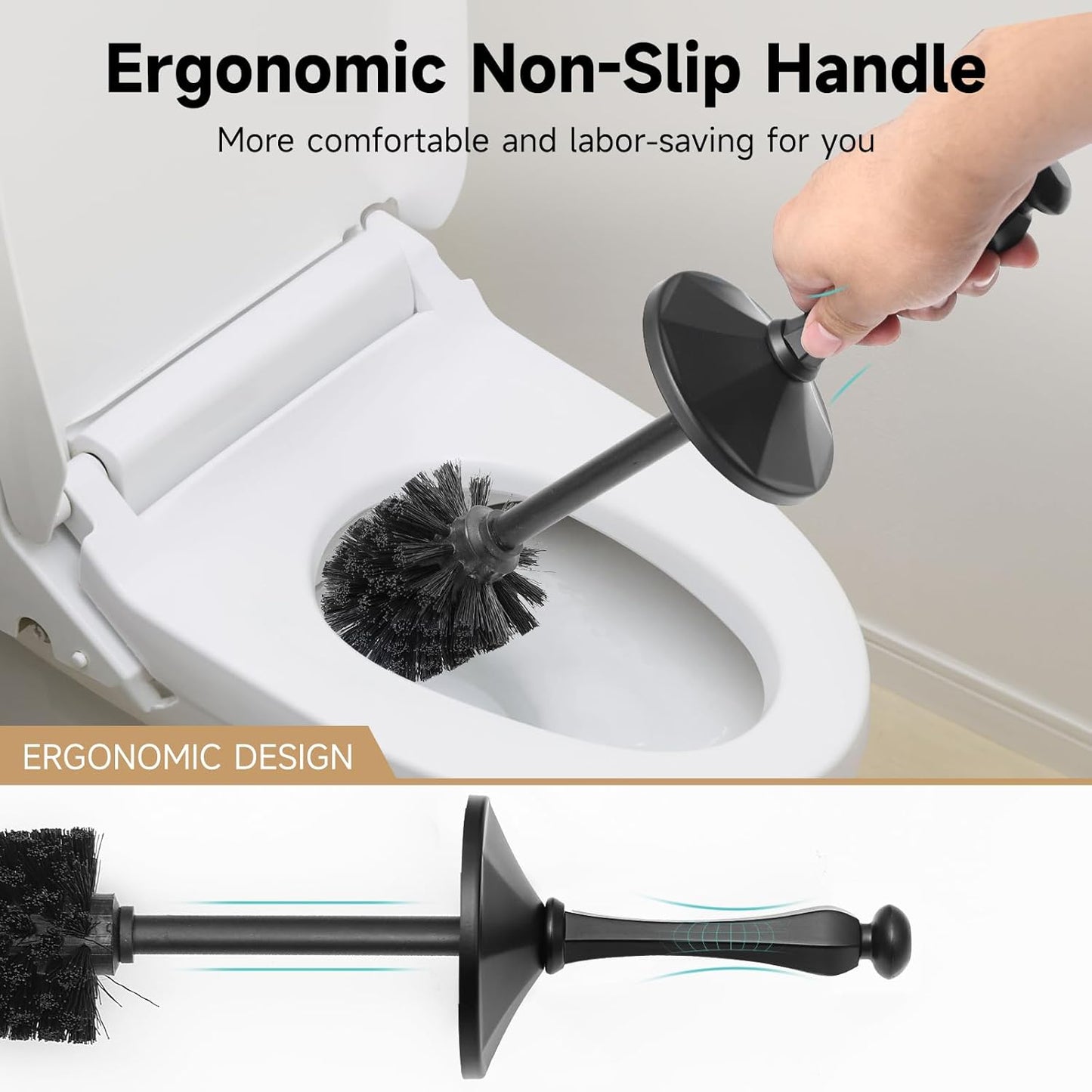 Black Toilet Brush and Holder，Extra Long Handled Toilet Brush for Bathroom，Stainless Steel Heavy Duty Toilet Bowl Brush,Deep Cleaning Modern Toilet Cleaner Brush -Space Saving
