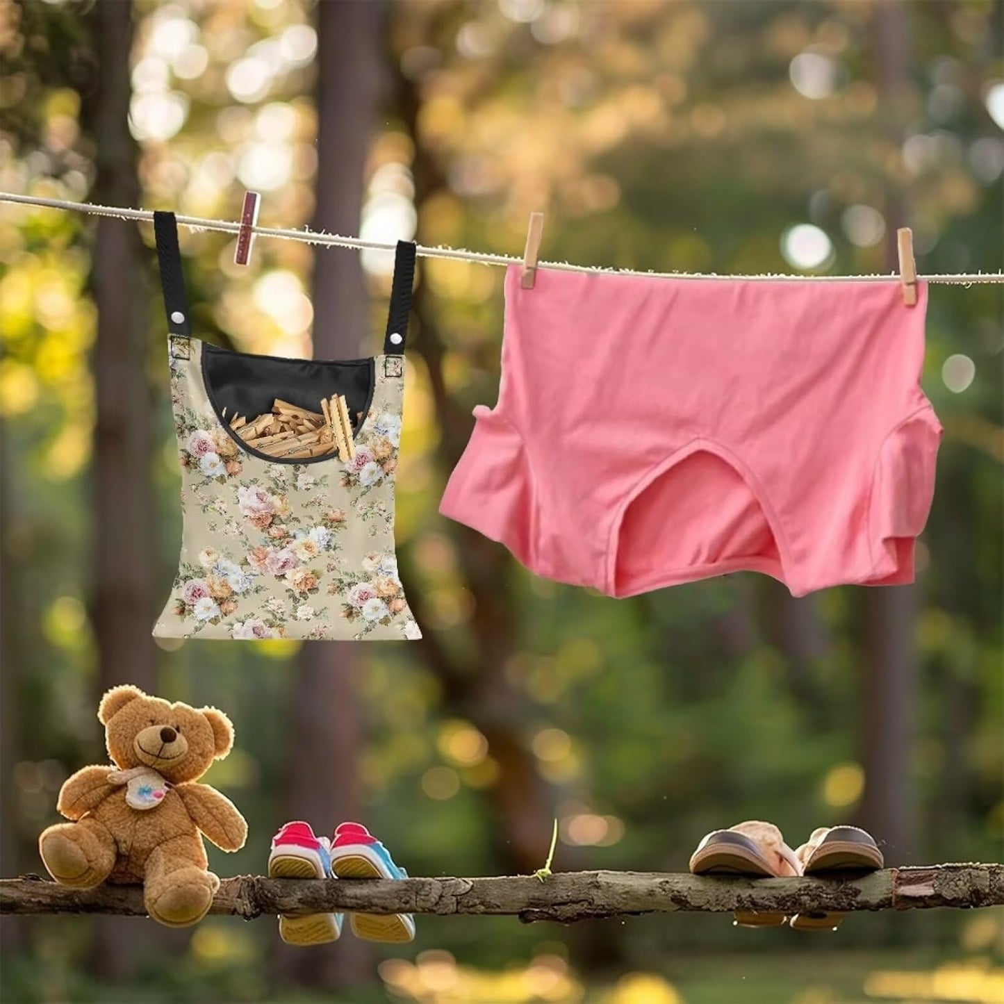 Clothespin Bag with Large Capacity for Mini Clothespins and Wooden Clothespins with Large Opening Storage Organizer Space-Saving Laundry Hanging Bag - Flower Pattern