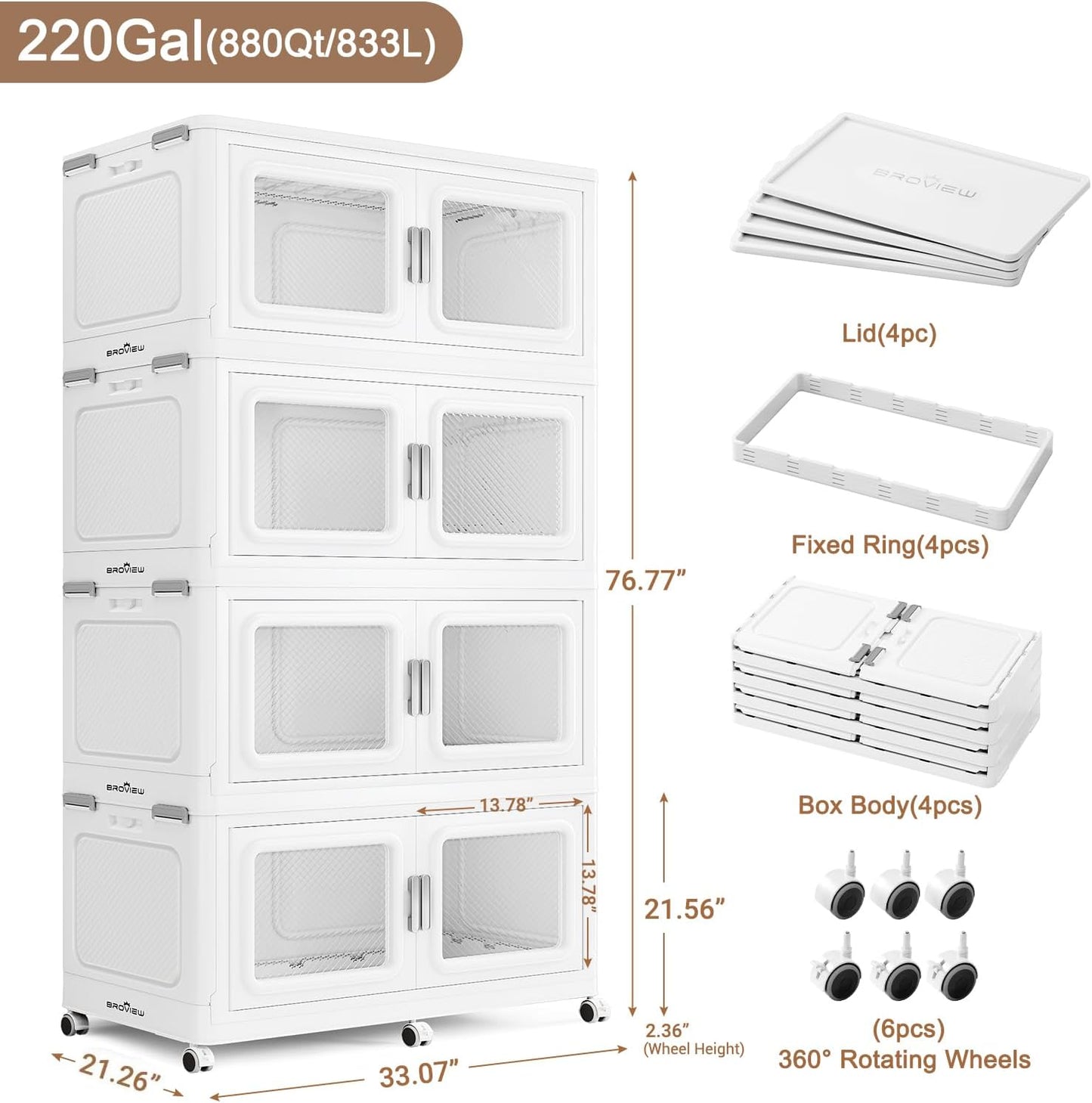 BROVIEW 880 Qt Stackable Storage Bin with Lids, 220Gal Extra Large Collapsible Storage Boxes, Folding Plastic Drawer, Heavy-Duty Store Cabinet, Closet Organizer for Home Kitchen, 4 Pack White