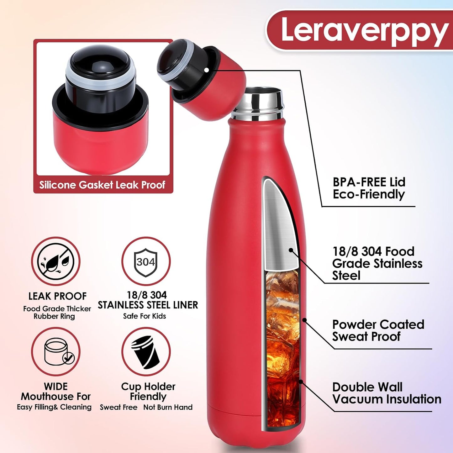25oz Cola-Bottle Shaped Stainless Steel Leak-proof Water Bottle,Double Wall Vacuum Insulated Metal,Travel Mug For Sports Indoors & Outdoors,BPA-Free School Kids Flasks,Red(4 Pack)