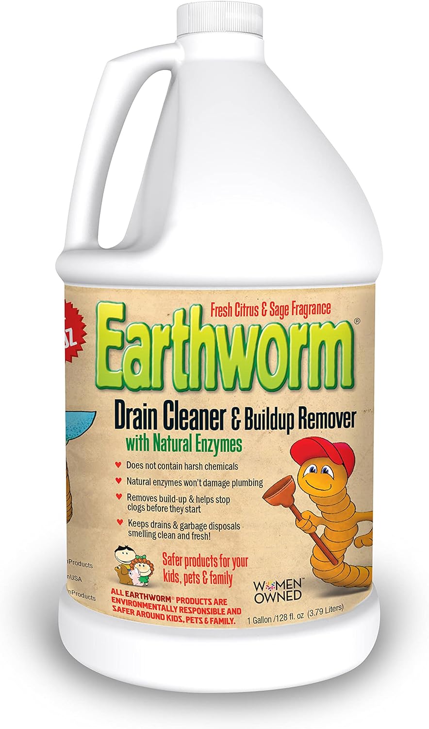 Earthworm® Drain Cleaner - Drain Deodorizer - Natural and Safer for Families - One (1) 1 Gallon bottle