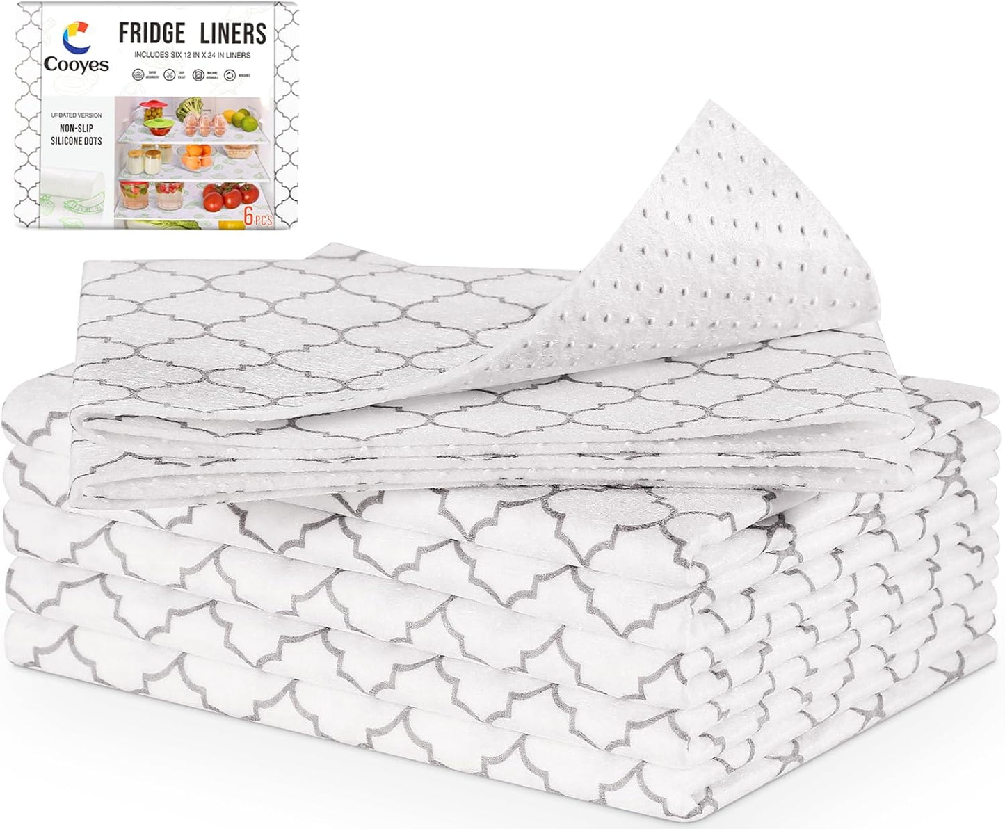 Cooyes 2 in 1 Refrigerator Liners & Fresh mats for Fridge Drawer and Glass Shelves, Absorbent Cloth Fridge Organizer Bin Mats Washable, Shelf Liner for Kitchen Cabinets Non Adhesive