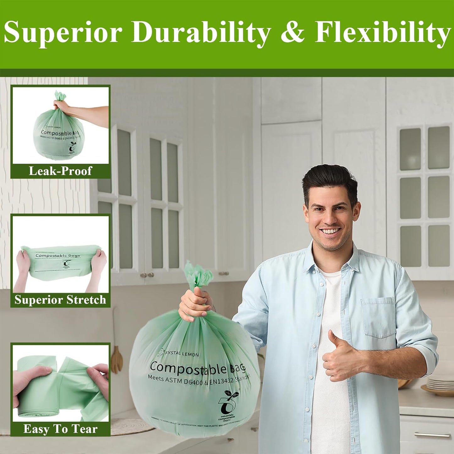 C Crystal Lemon 50 Count Biodegradable Kitchen Food Waste Bags - 6 Gallon Scraps Bags - Heavy Duty Compostable Waste Bags for Kitchen - Unscented Trash Bags 6 Gallon for Yard, Food