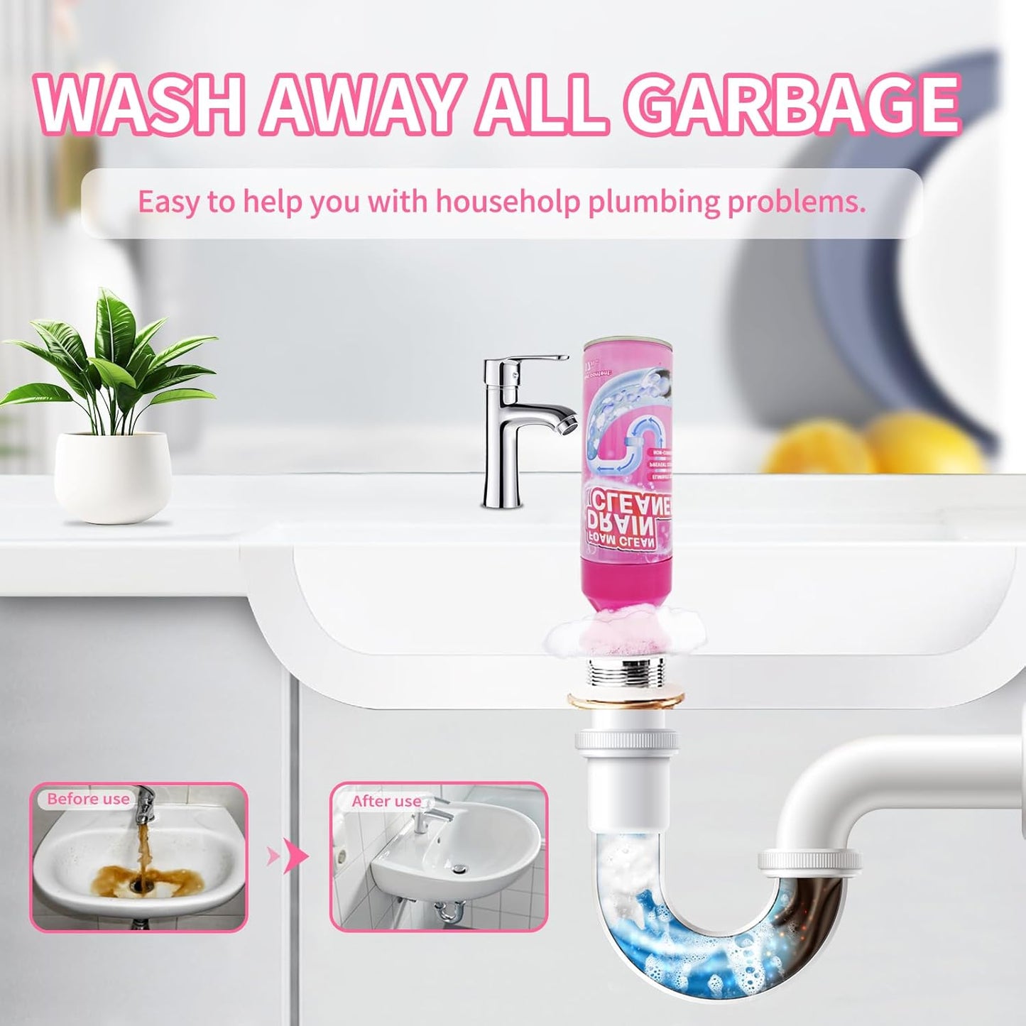 Foam Drain Cleaner, Drain Sink Cleaner and Deodorizer, Clog Remover for Kitchen, Sinks, Tubs (2 Pcs)