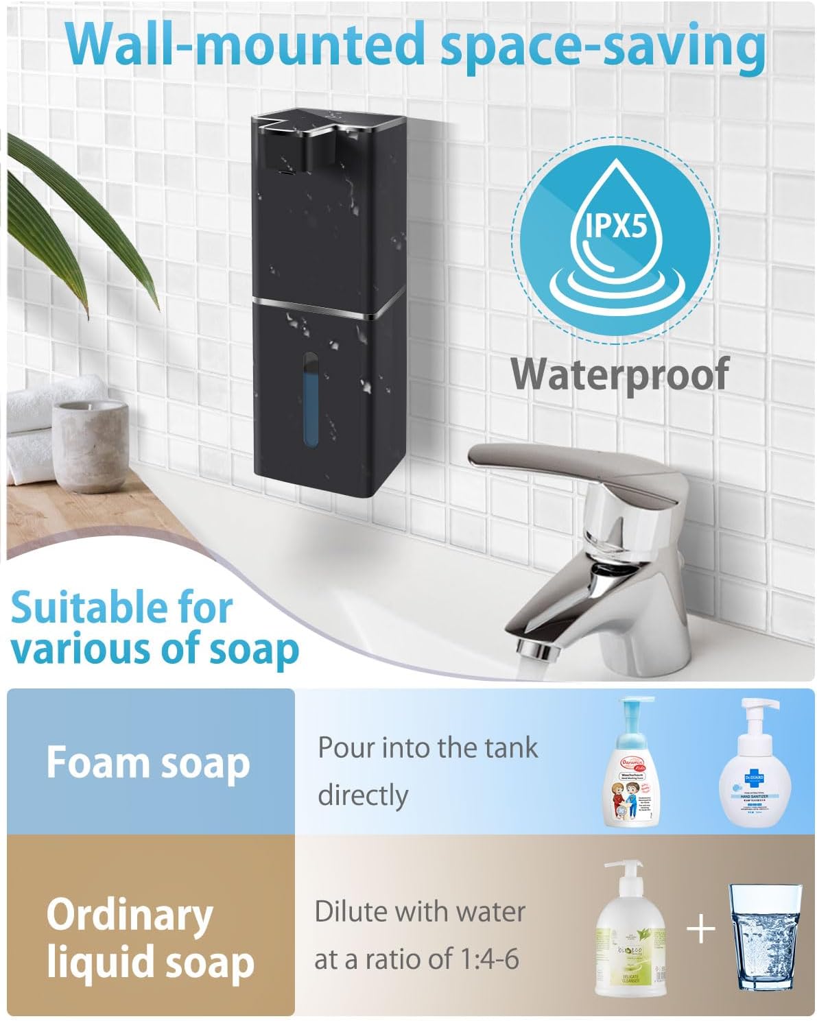 Automatic Foaming Soap Dispenser Touchless 380ml/12.8oz Rechargeable Hand Soap Dispenser Wall Mounted 4 Levels Adjustable Foam Soap Pump for Bathroom Kitchen Dish Soap