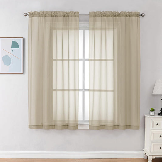 Chyhomenyc Taupe Sheer Curtains 45 Inch Long 2 Panels, Light Filtering Rod Pocket Voile Short Curtains Drapes for Living Room Bedroom Small Windows, 42Wx45L Inches