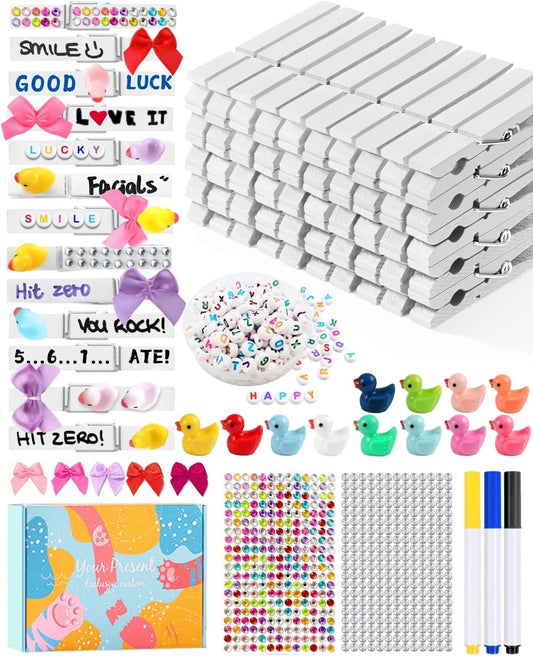 Cheer Pins for Backpack Cheer Stuff Kit 70 White Colored Clothes Pins with Mini Resin Ducks Bows Letter Beads Team Cheerleaders Gifts Bulk Pin Me Ribbon for Bag Decorations Competition Spirit Clips
